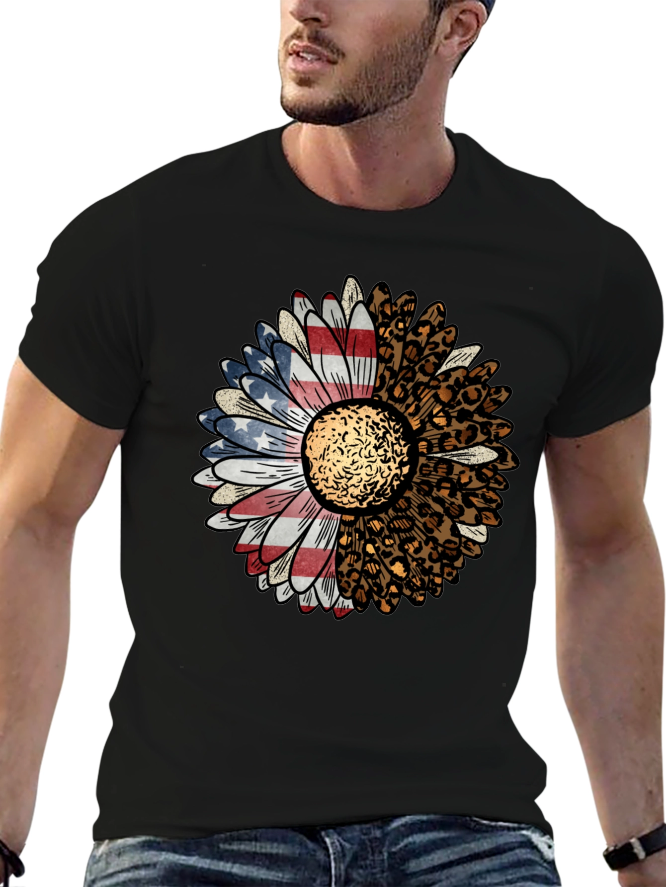 Black American Flag Leopard Sunflower Graphic Tee view 6