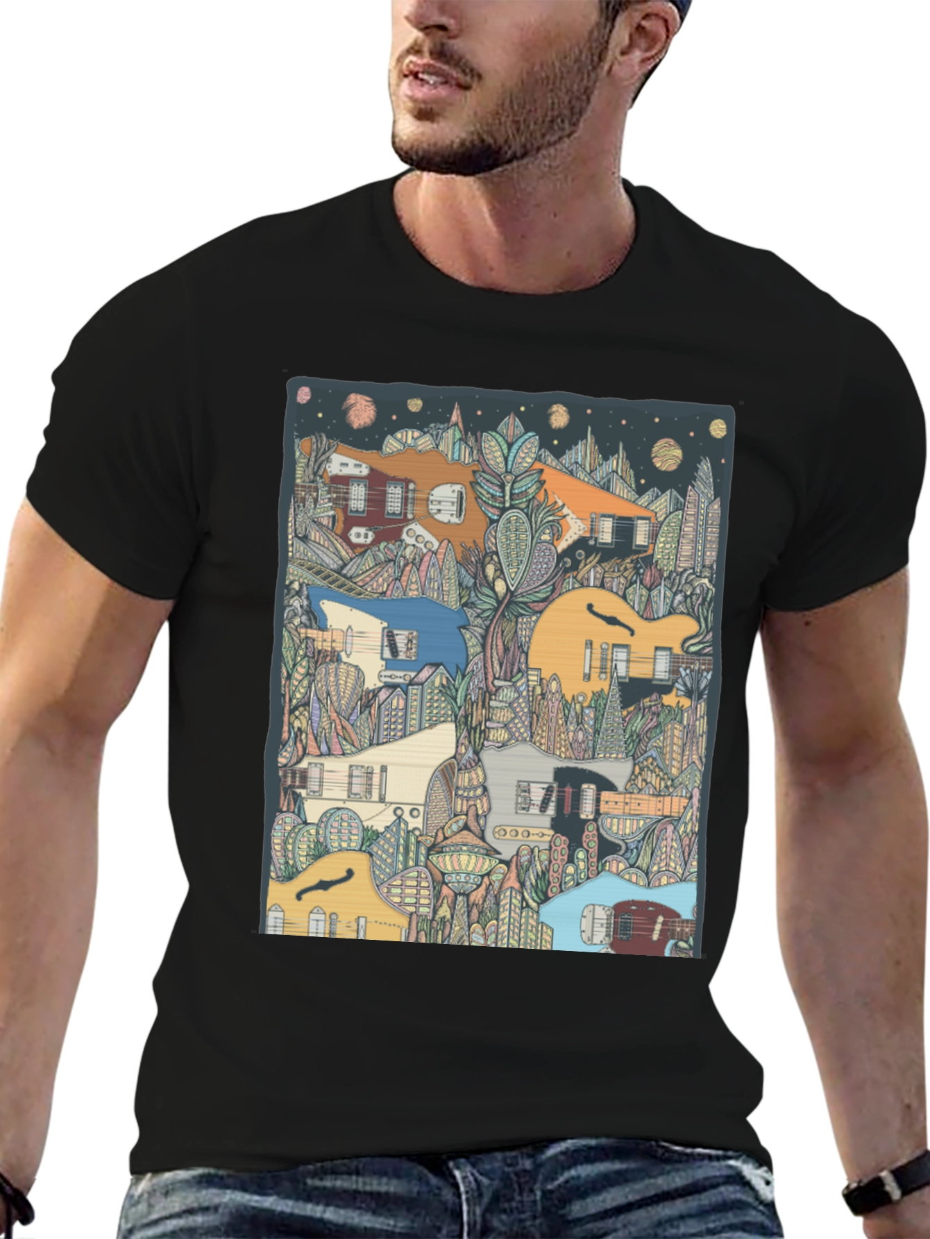 Black Guitar Cityscape T-Shirt - Music Lover Tee view 6