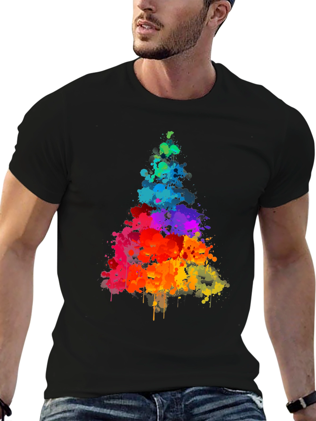 Black Rainbow Splatter Tree Graphic Tee - Black Cotton Shirt view 6