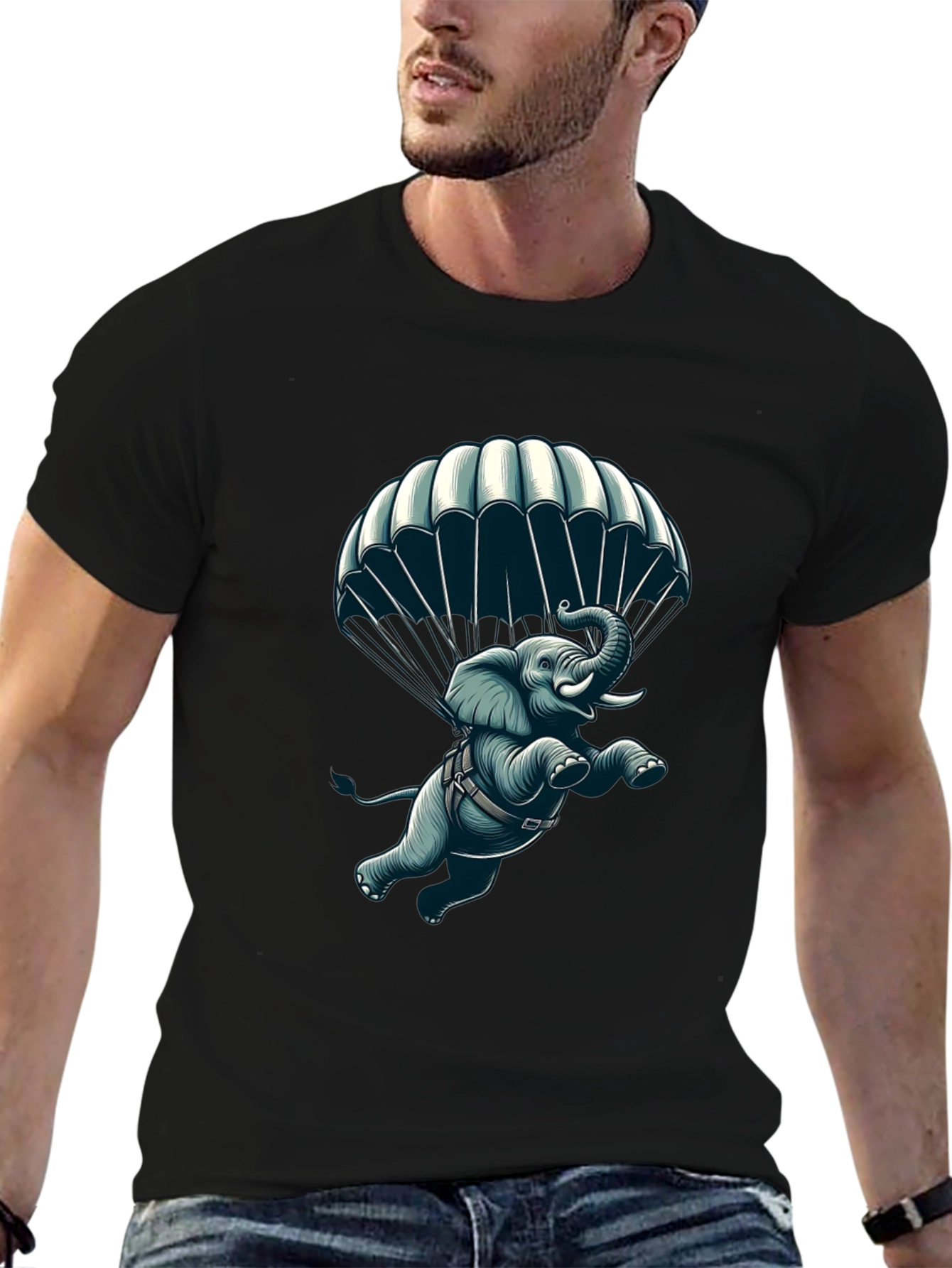 Black Parachuting Elephant Graphic Tee view 6
