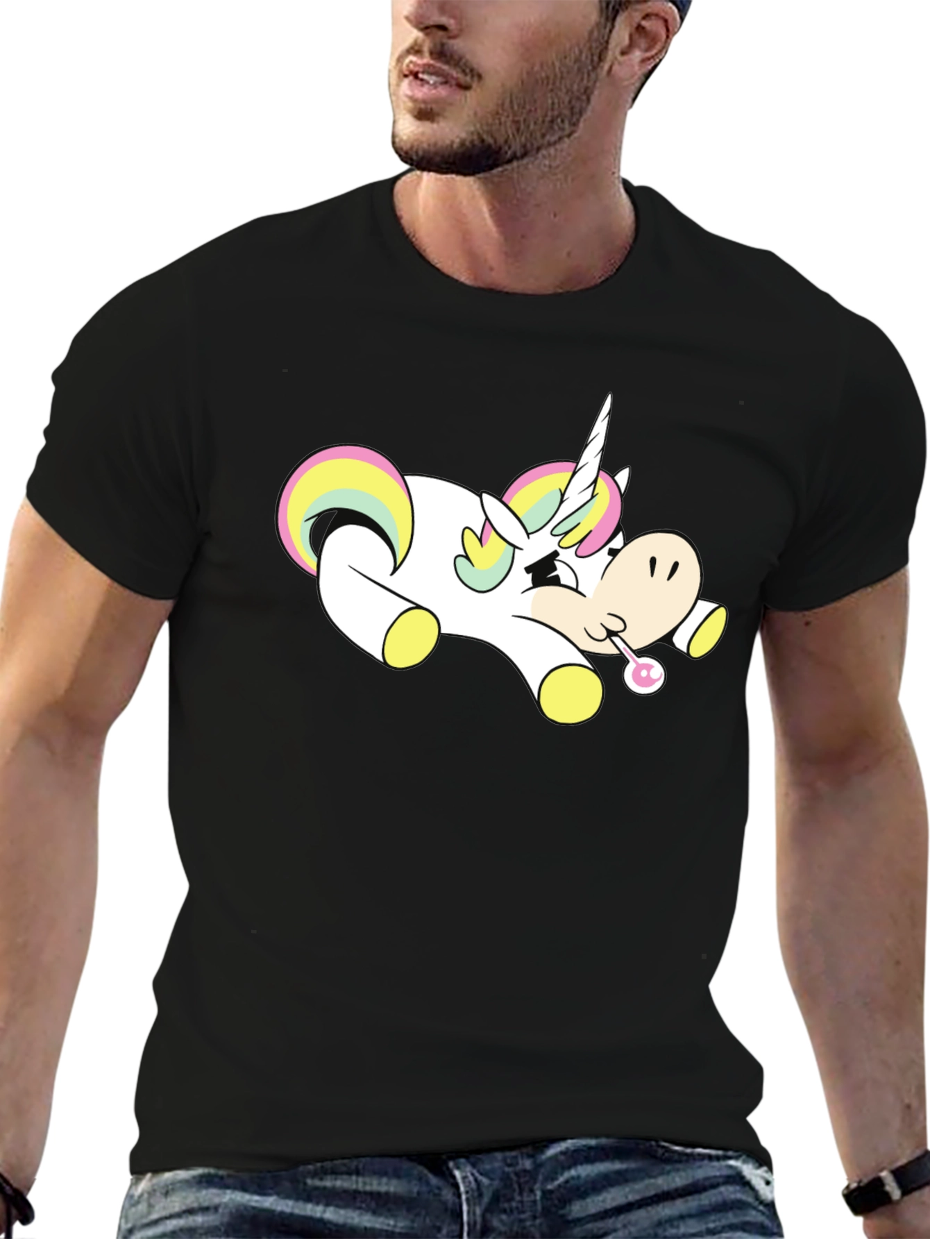 Black Unicorn Cartoon Black T-Shirt view 6