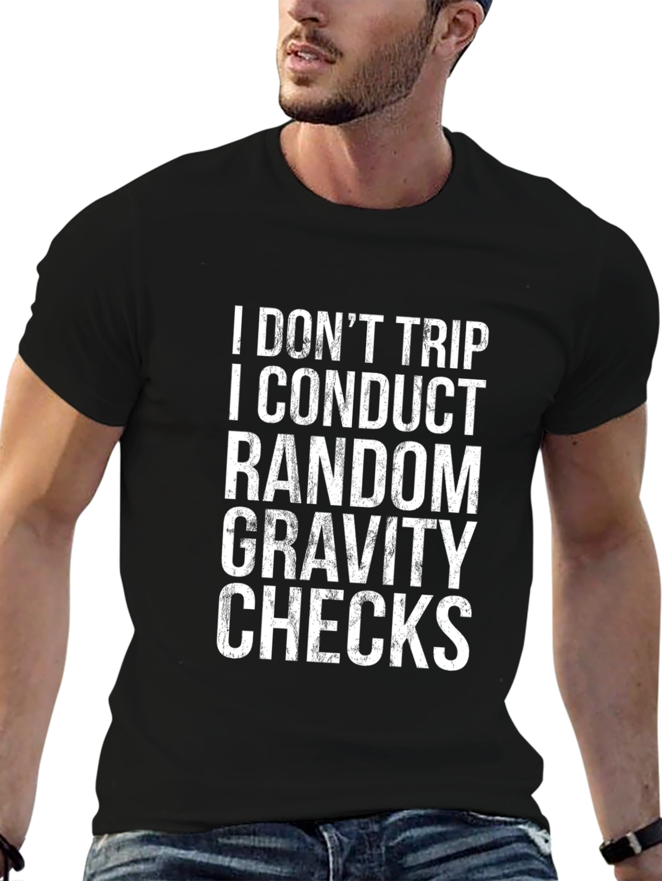 Black Funny Gravity Checks Black Graphic Tee view 6