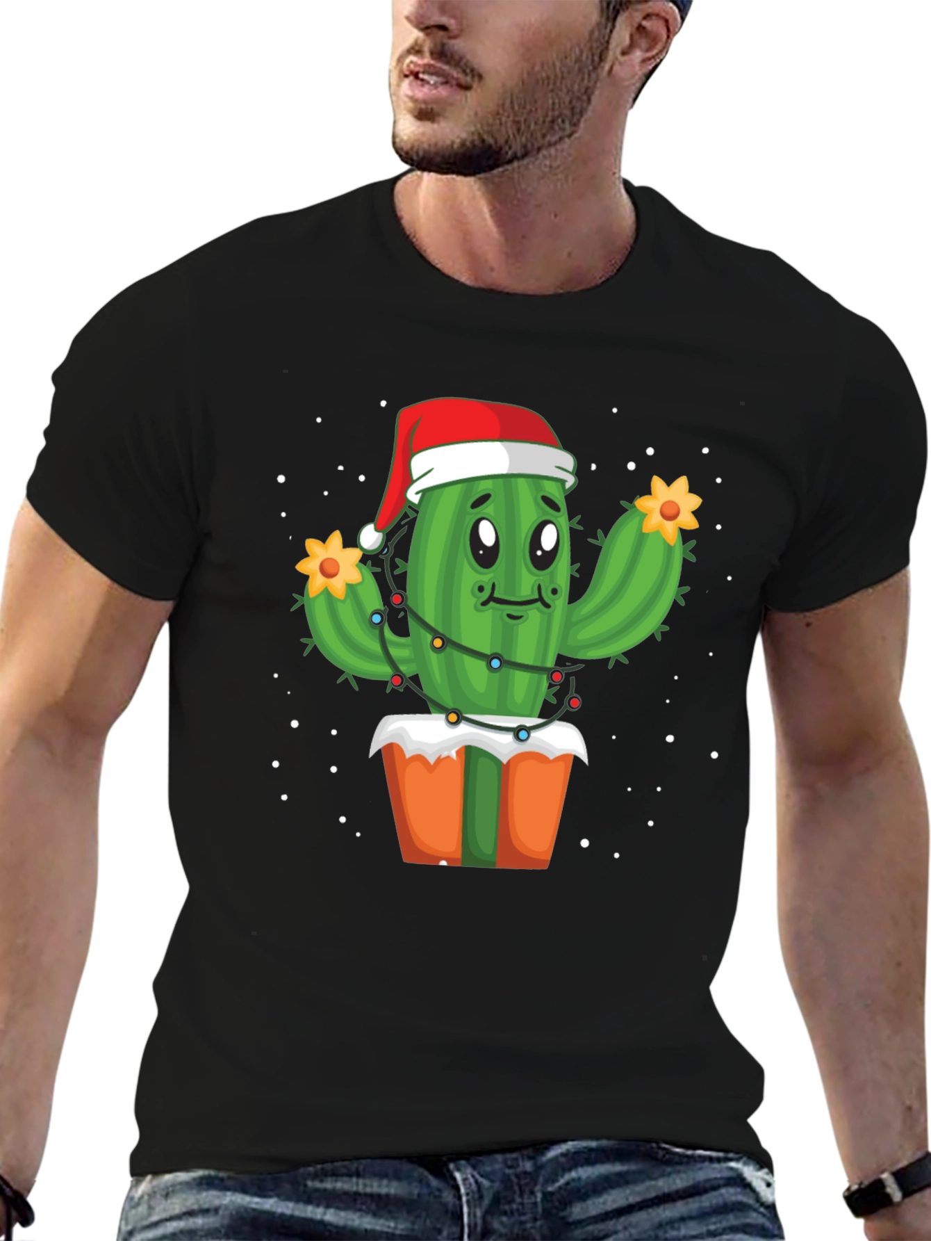 Black Festive Cactus Christmas T-Shirt view 6