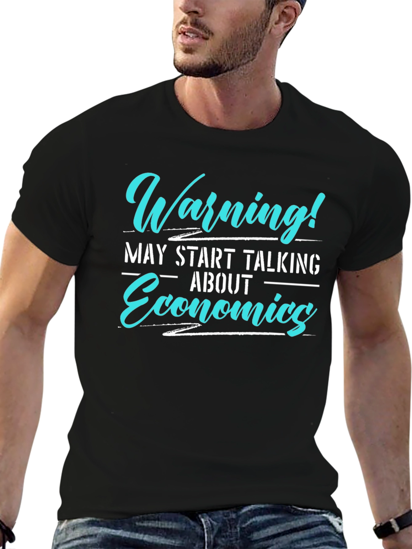 Black Warning! May Start Talking Economics T-Shirt view 6