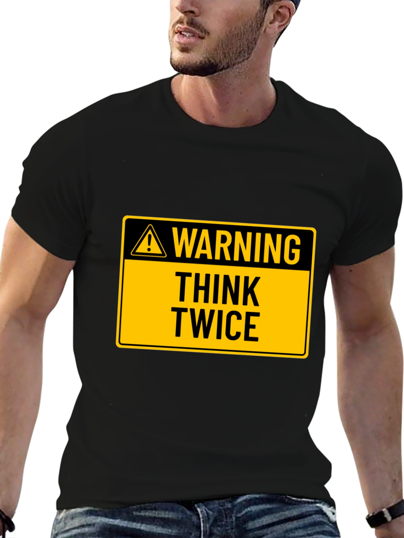 Black Warning Think Twice Graphic Tee - Black Cotton T-Shirt view 6