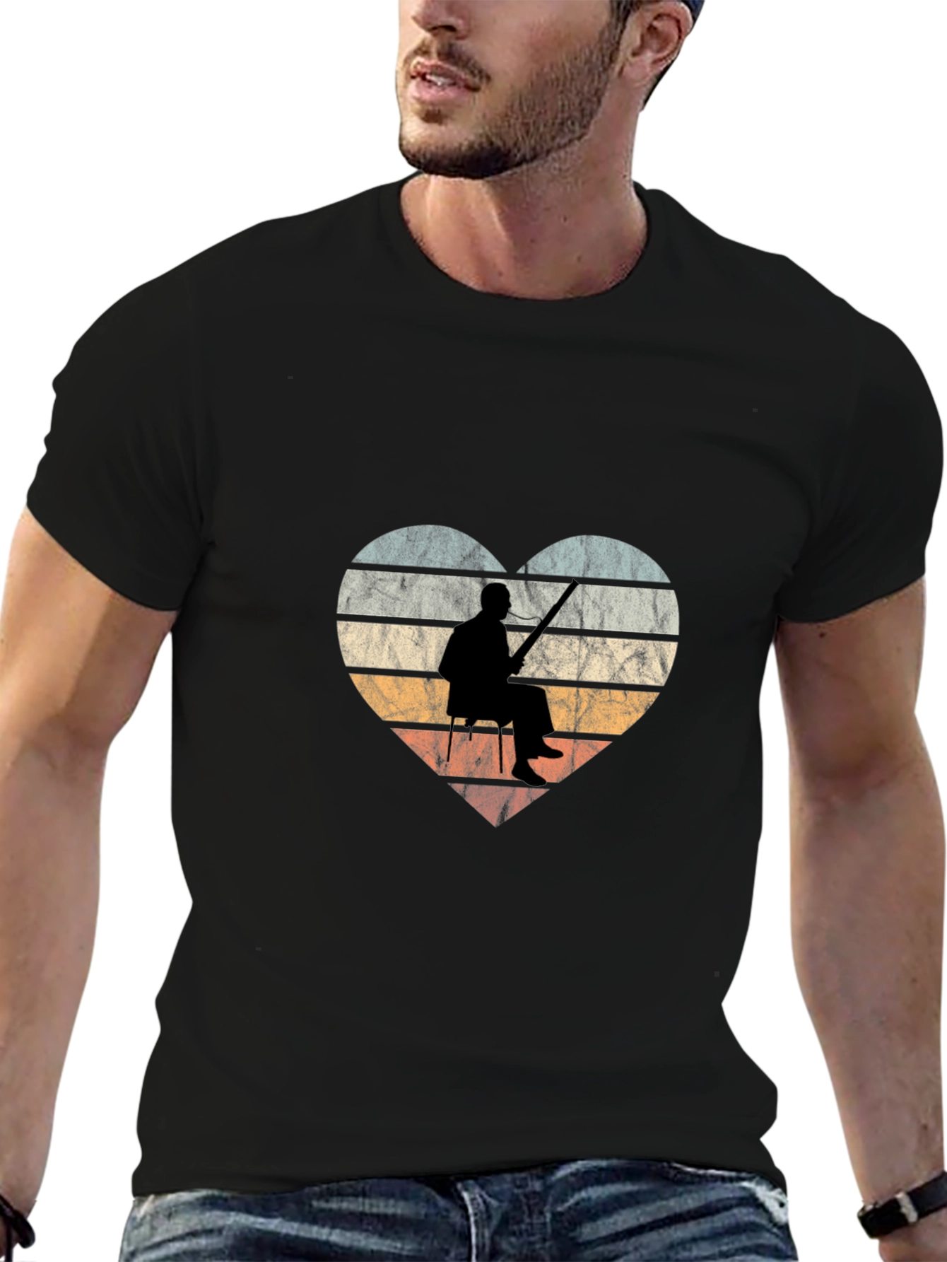 Black Vintage Fishing Heart Graphic T-Shirt view 6