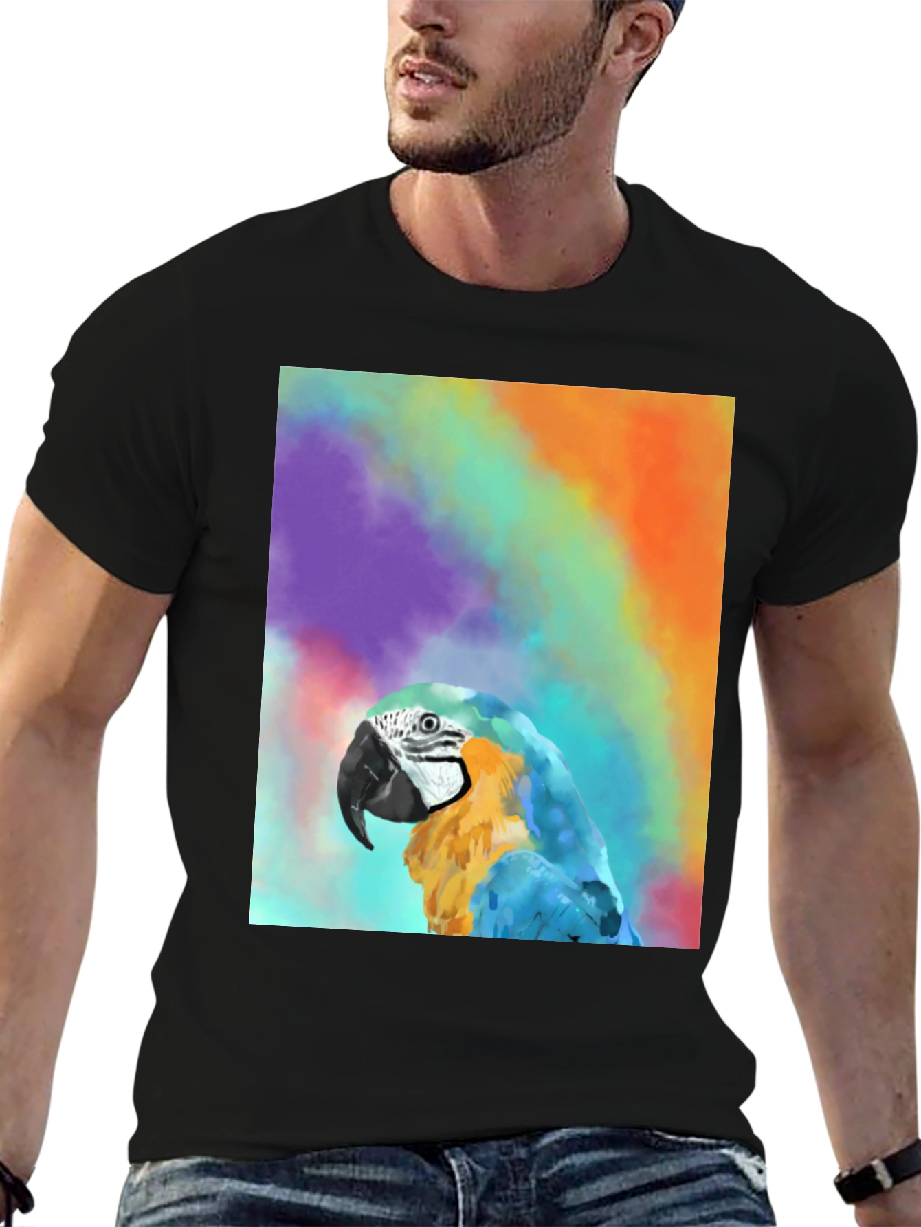 Black Parrot Graphic Tee - Colorful Macaw Design view 6