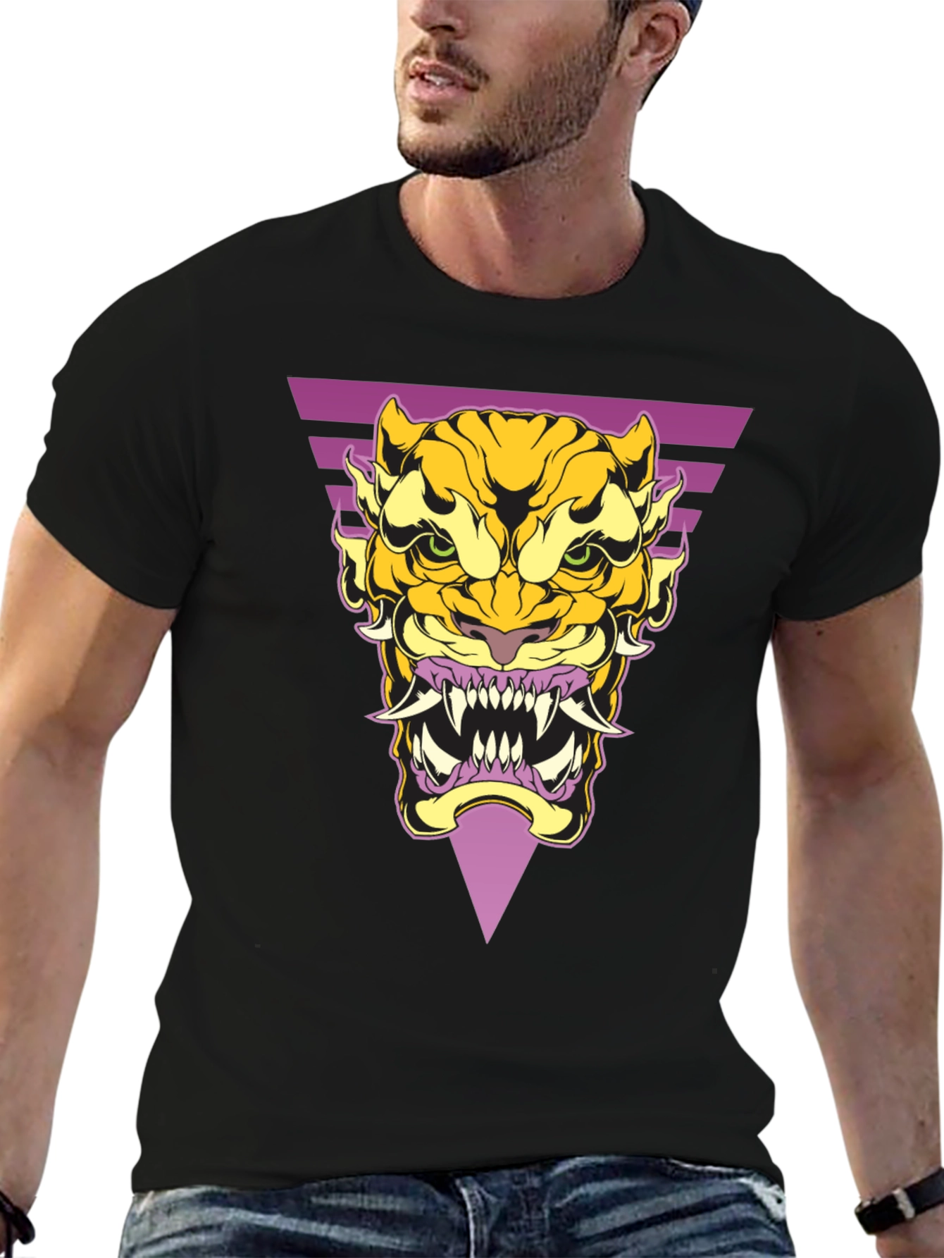 Black Geometric Tiger Graphic Tee - Black Cotton T-Shirt view 6