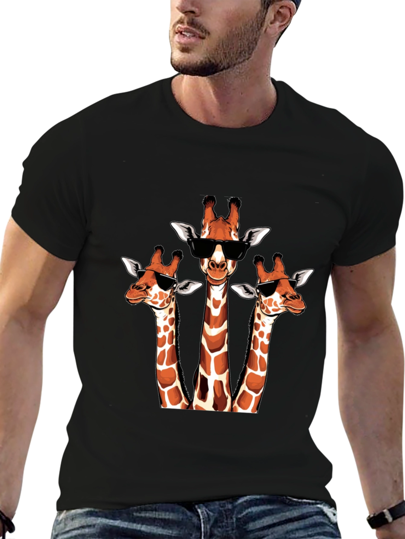 Black Cool Giraffe Trio T-Shirt - Unique Design view 6
