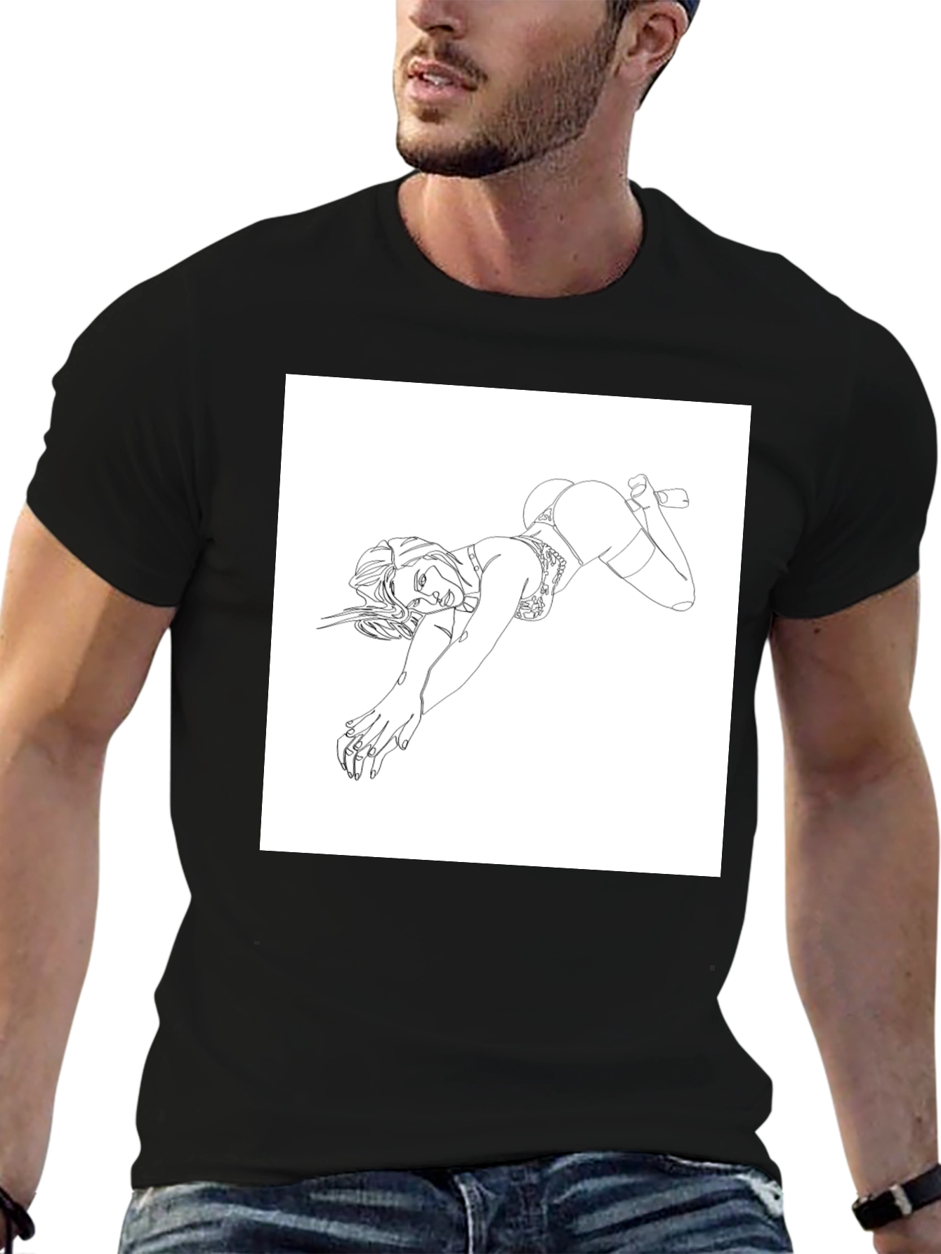 Black Line Art Graphic Tee - Black view 6