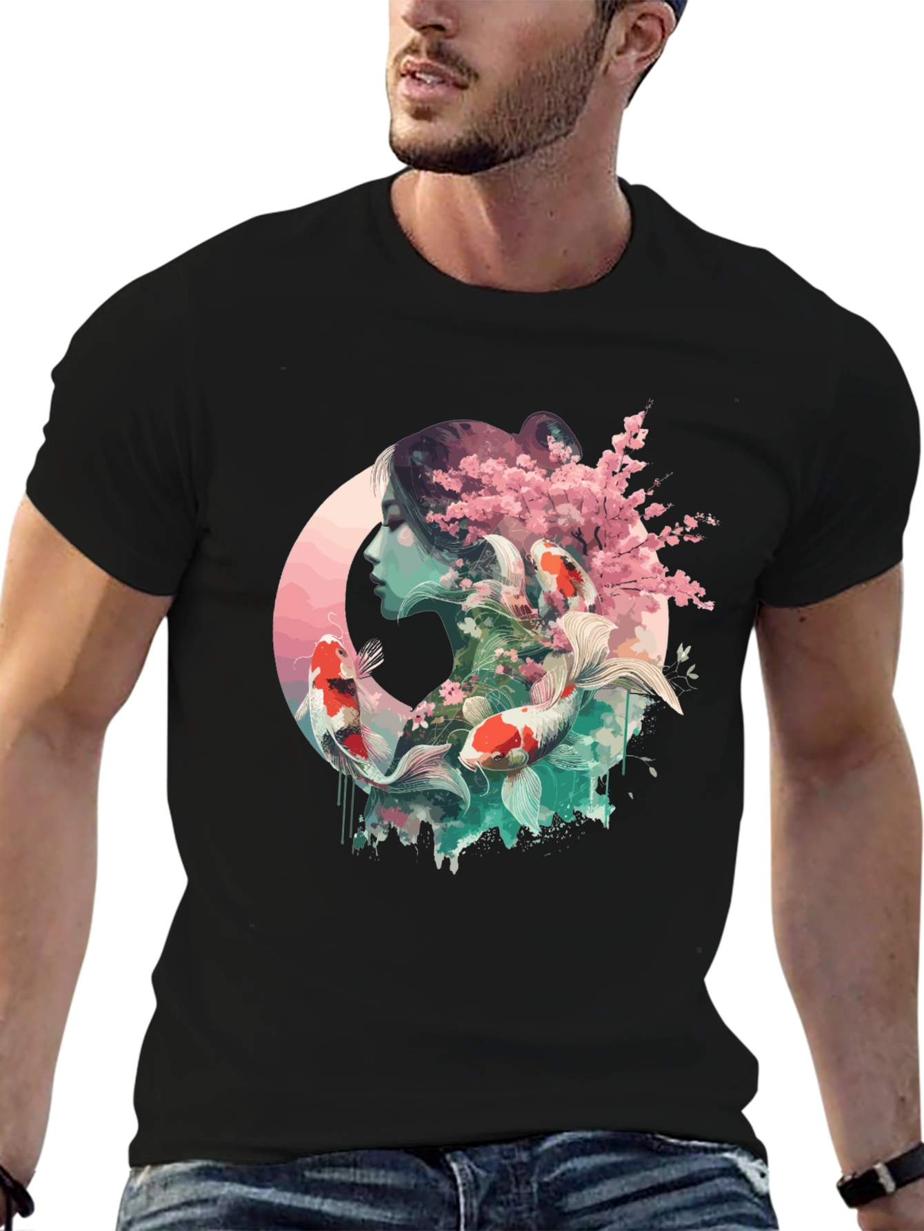 Black Koi Fish & Cherry Blossom Graphic Tee view 6