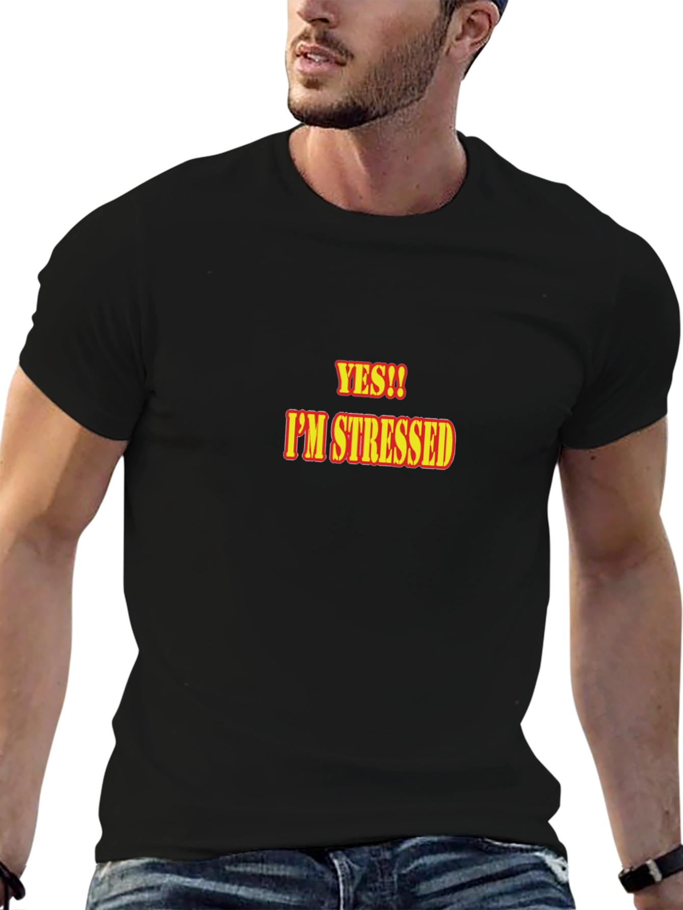 Black Yes!! I'm Stressed T-Shirt - Black Cotton view 6