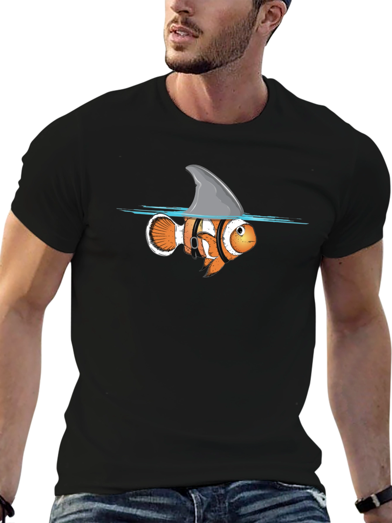Black Funny Clownfish Shark Fin Graphic T-Shirt view 6