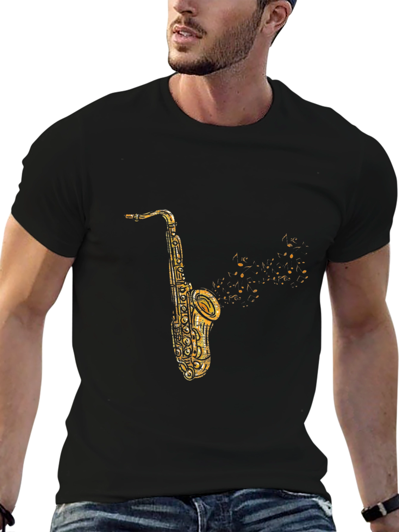 Black Saxophone Graphic Print Black T-Shirt view 6