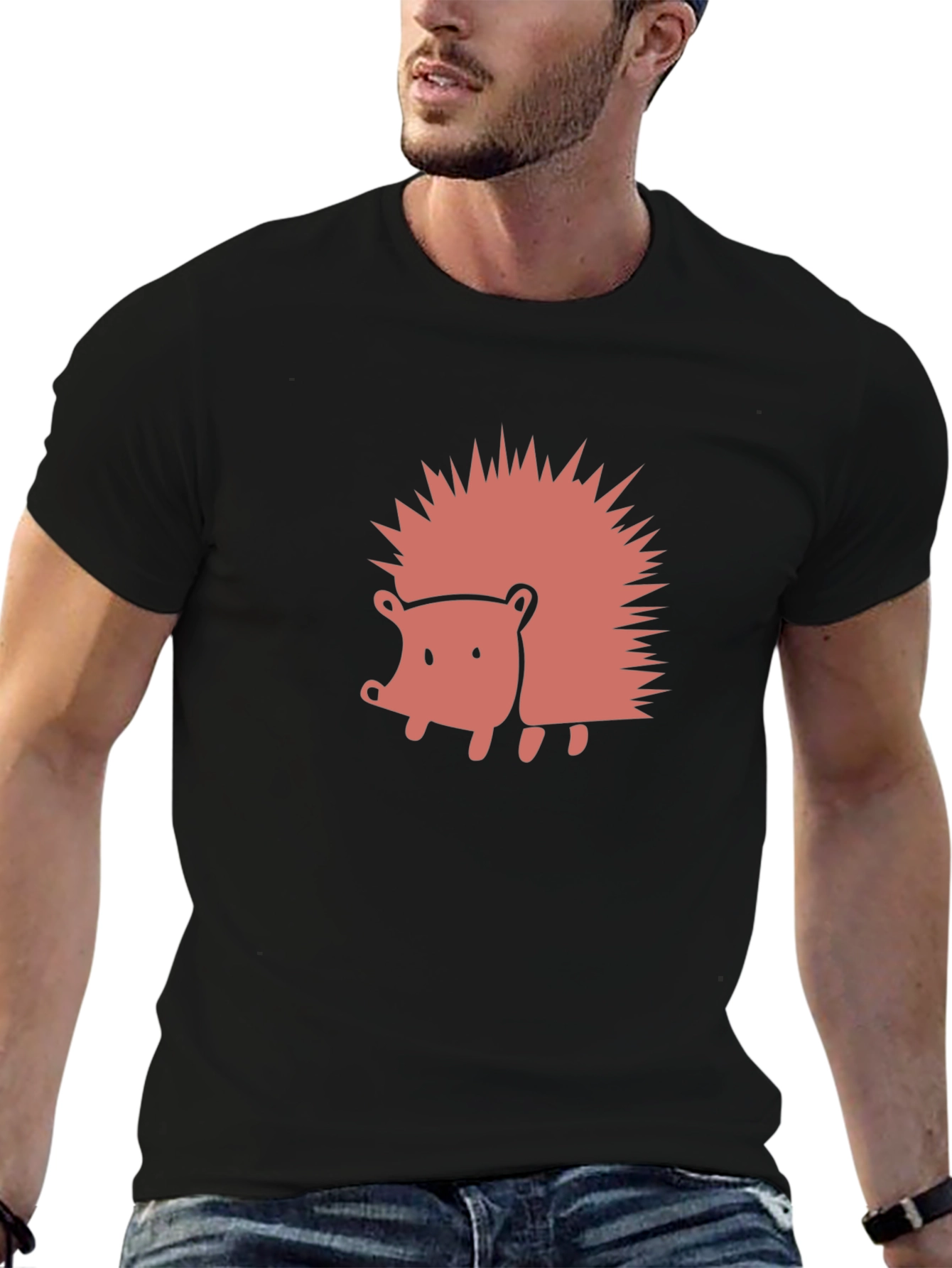 Black Cute Hedgehog Graphic Tee - Black Cotton Blend Shirt view 6