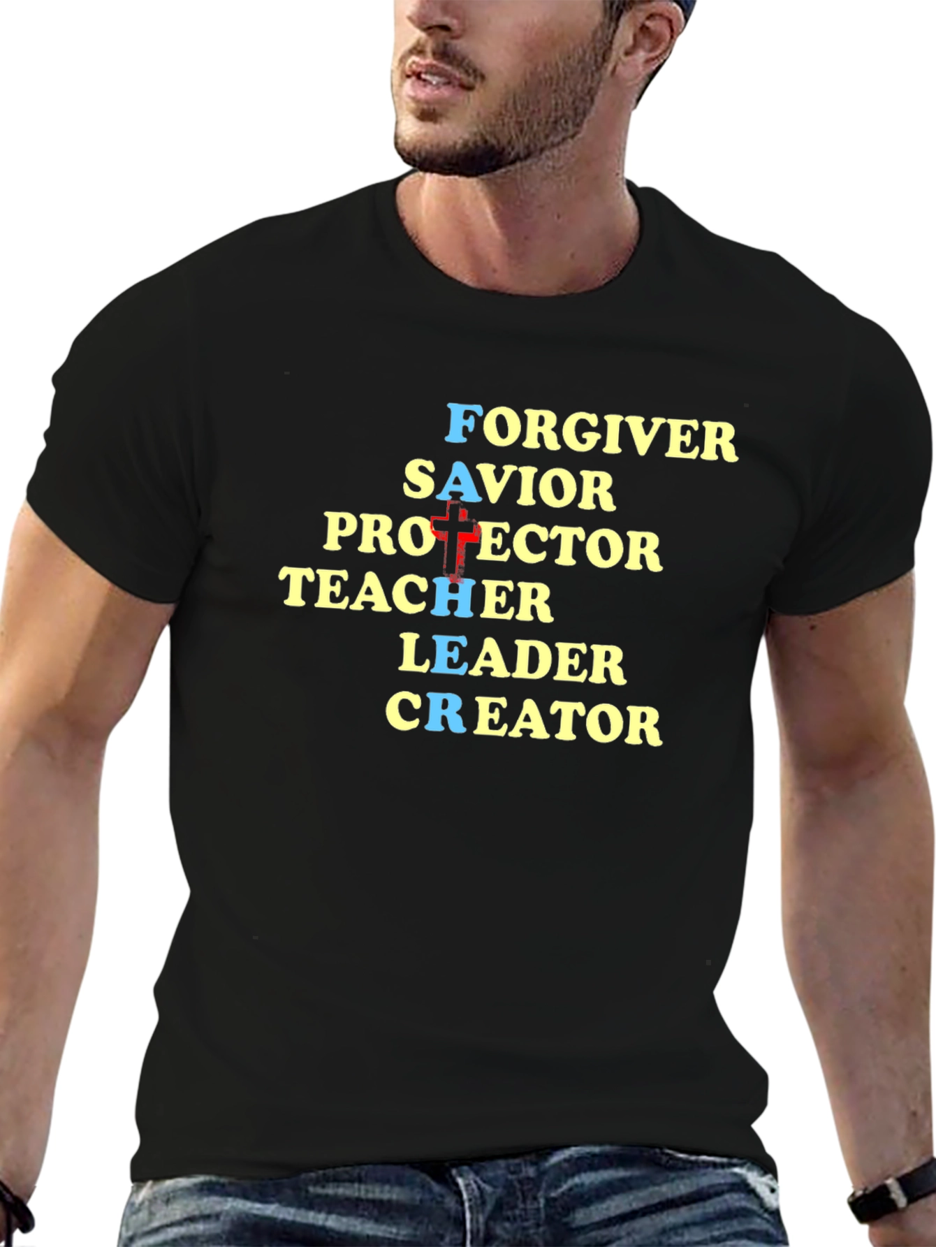 Black Faith-Inspired Graphic Tee - God Is Forgiver Savior Protector view 6