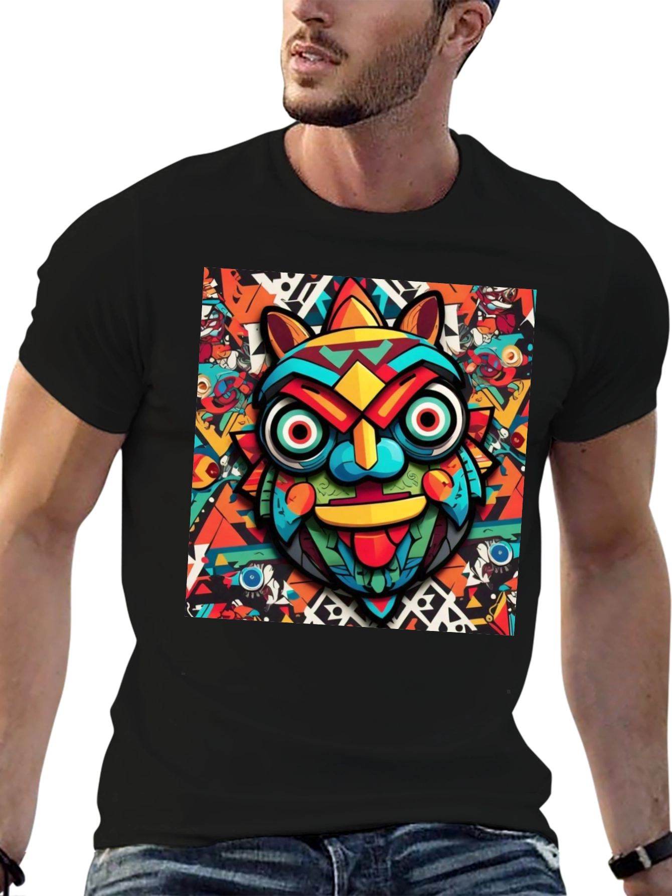 Black Bold Graphic Tee - Colorful Tribal Mask Design view 6