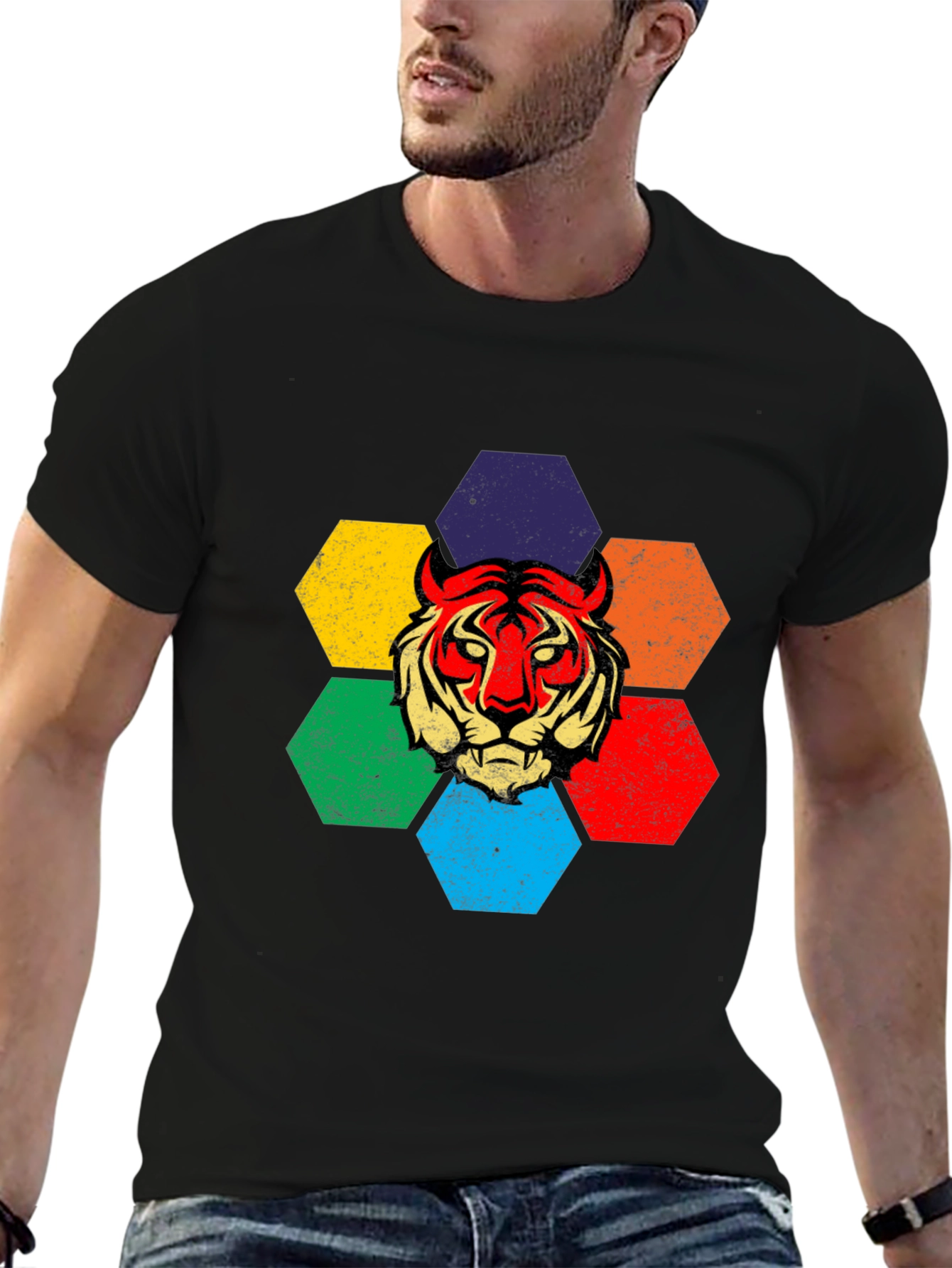 Black Retro Tiger Graphic Tee - Colorful Hexagon Design view 6