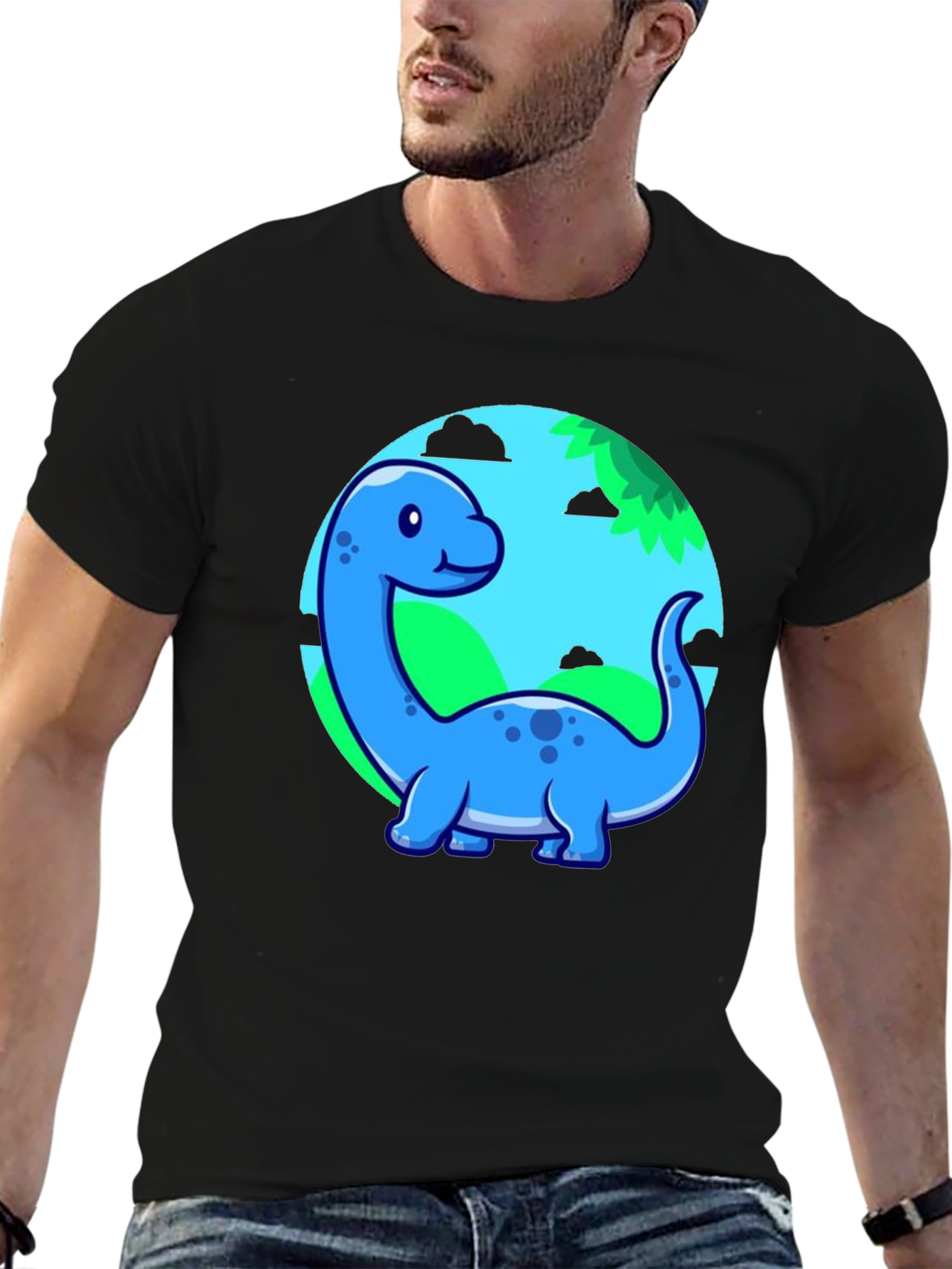Black Cute Blue Cartoon Dinosaur T-Shirt view 6