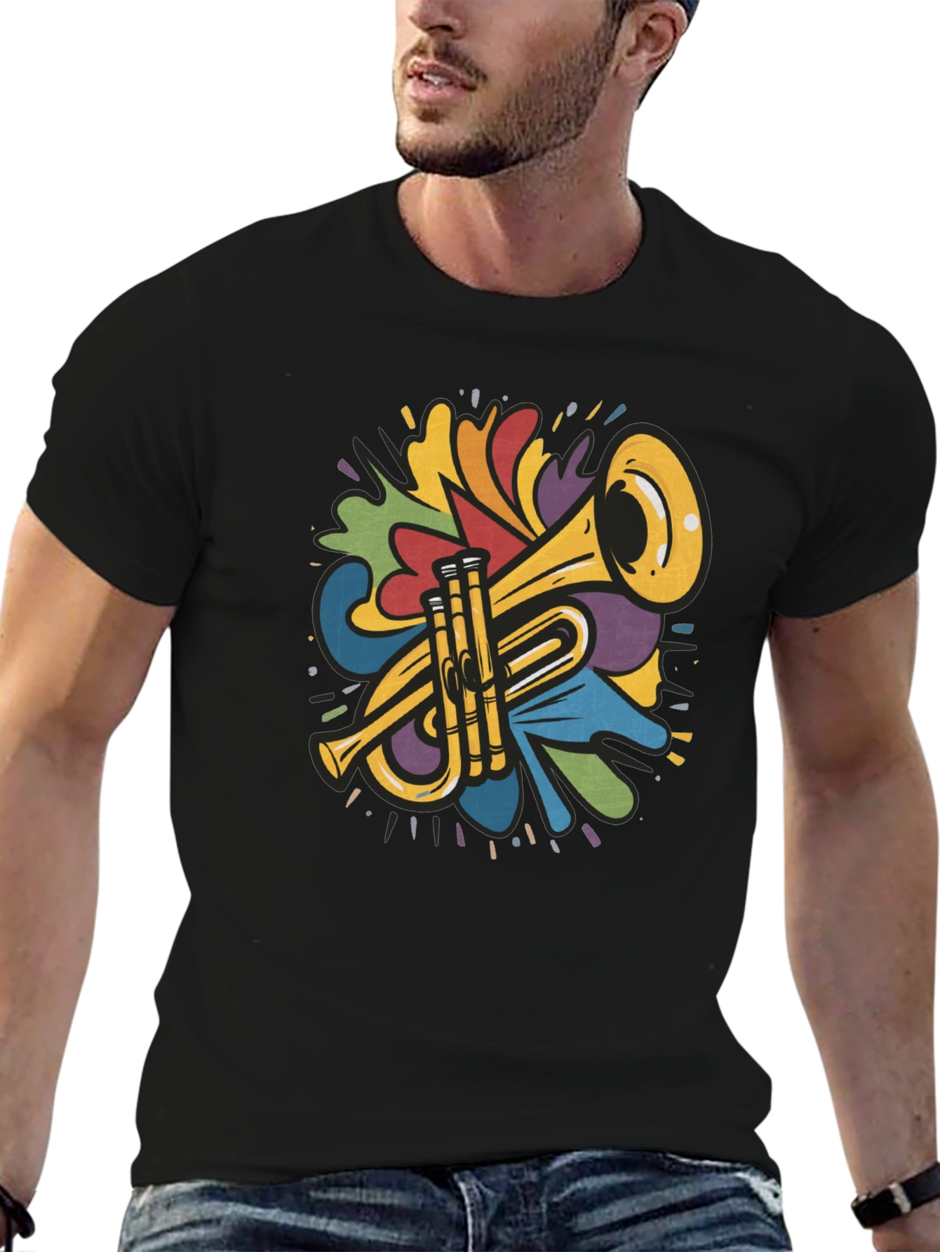 Black Colorful Trumpet Design Black T-Shirt view 6