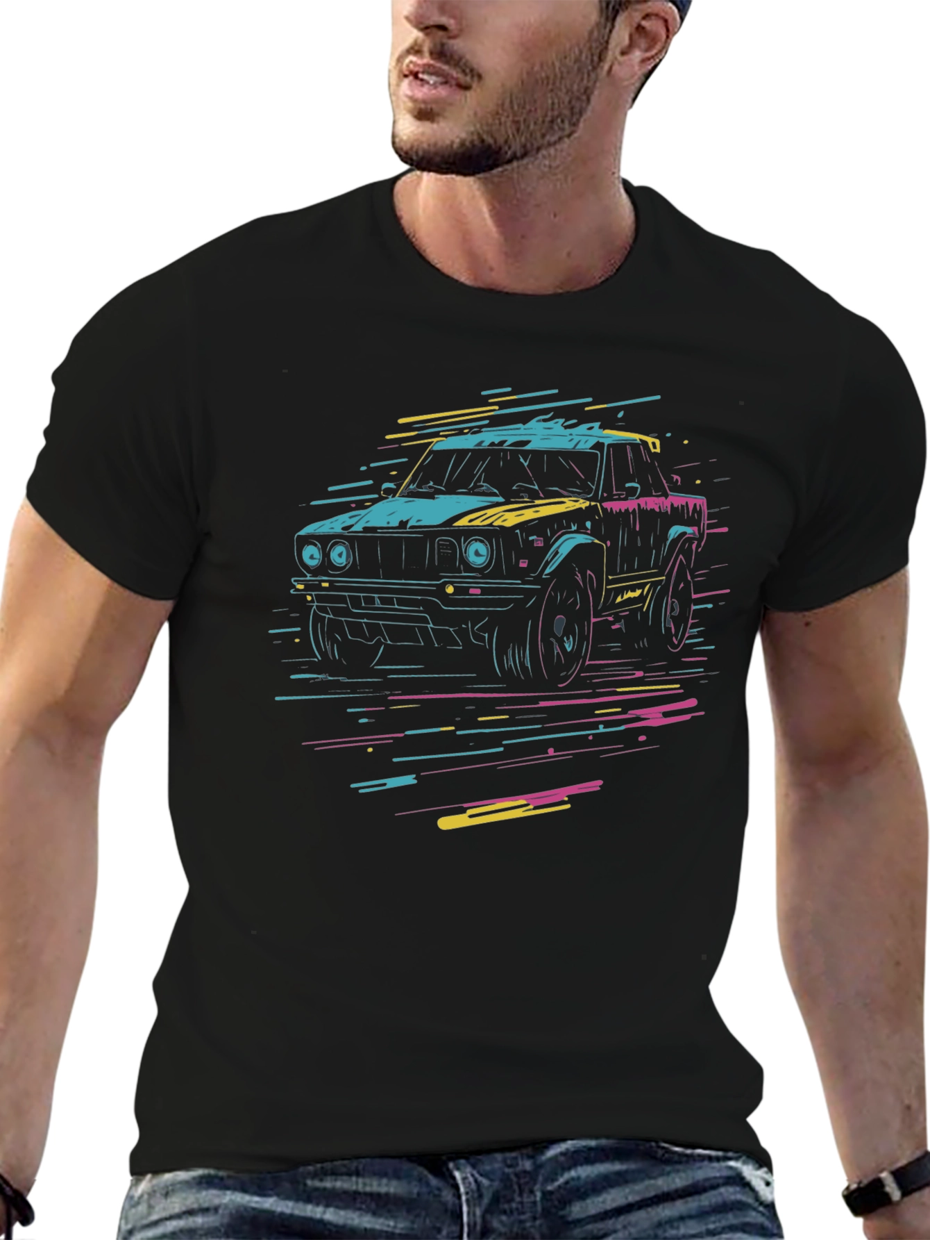 Black Retro Car Graphic Tee - Black Cotton T-Shirt view 6