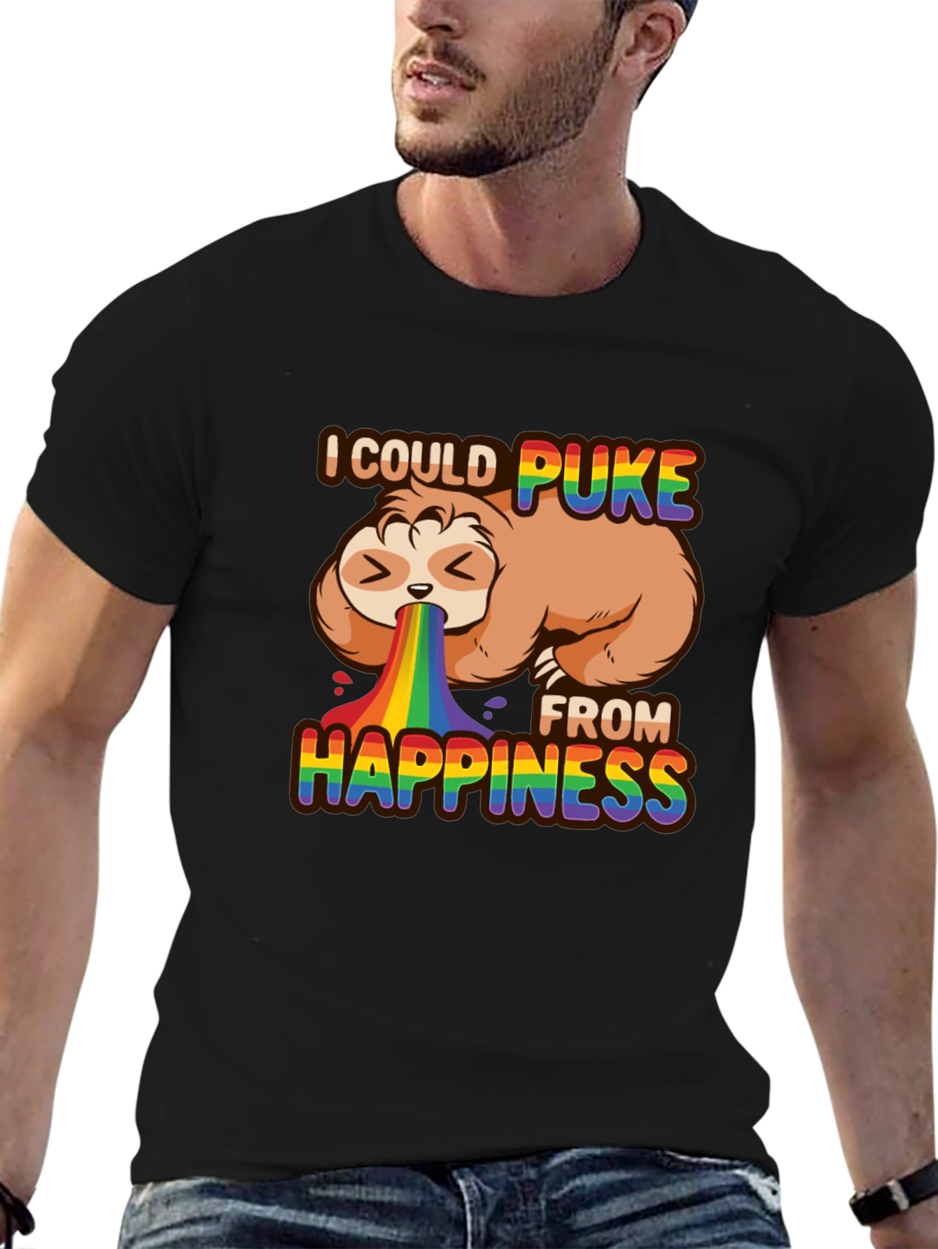 Black Sloth Rainbow Puke Happiness T-Shirt view 6