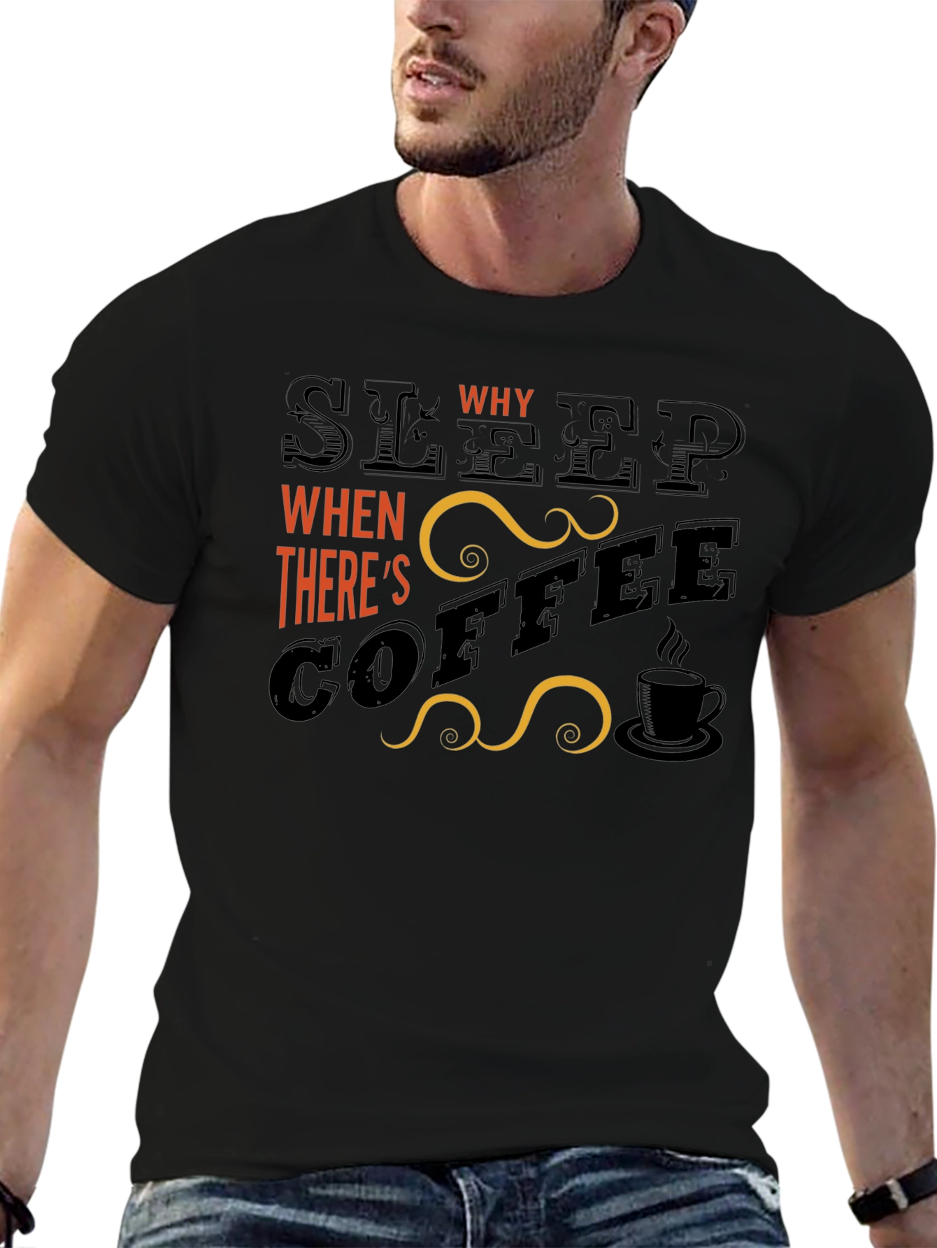 Black Sleep? Why? Coffee Graphic T-Shirt - Black view 6