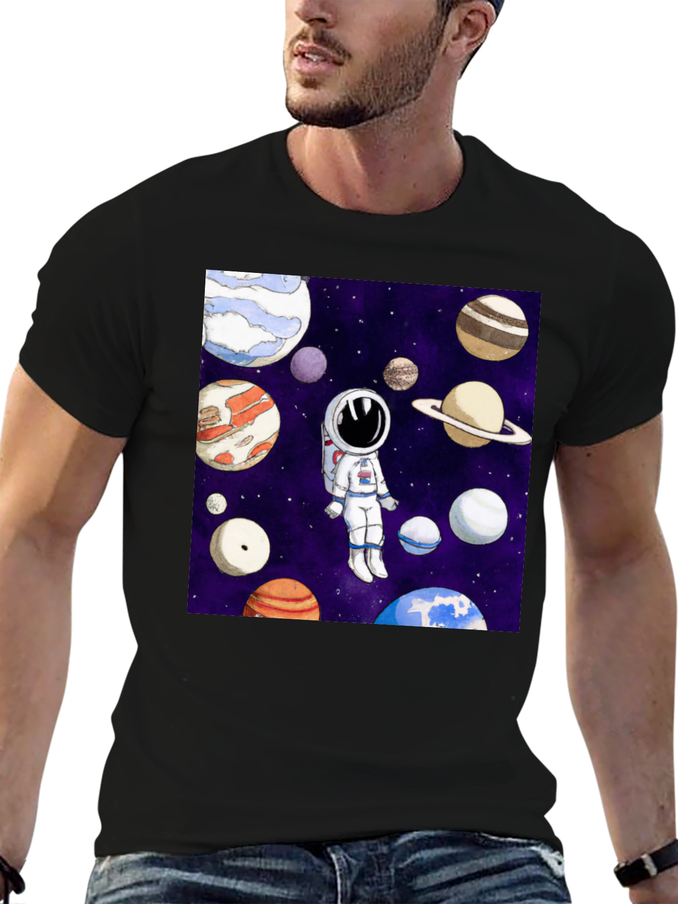 Black Astronaut & Planet Graphic T-Shirt - Space Adventure view 6