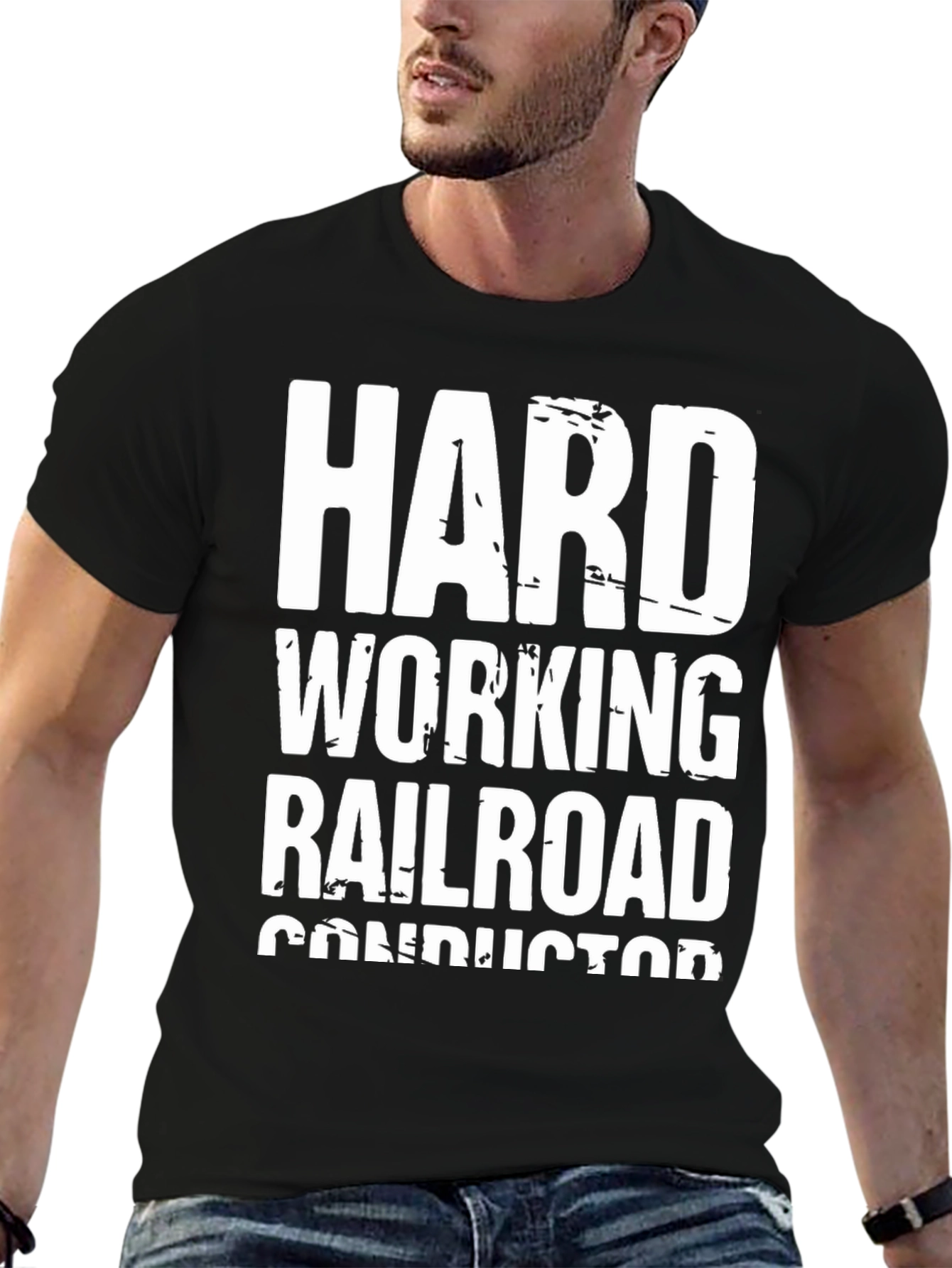 Black Hard Working Railroad Conductor T-Shirt view 6