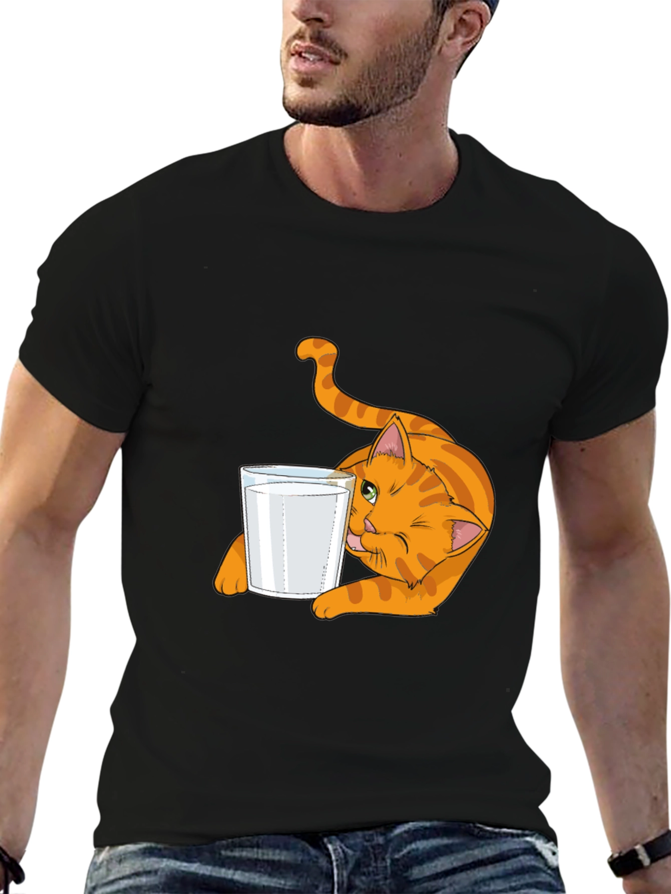 Black Cat & Milk Glass Graphic Tee - Black Cotton T-Shirt view 6