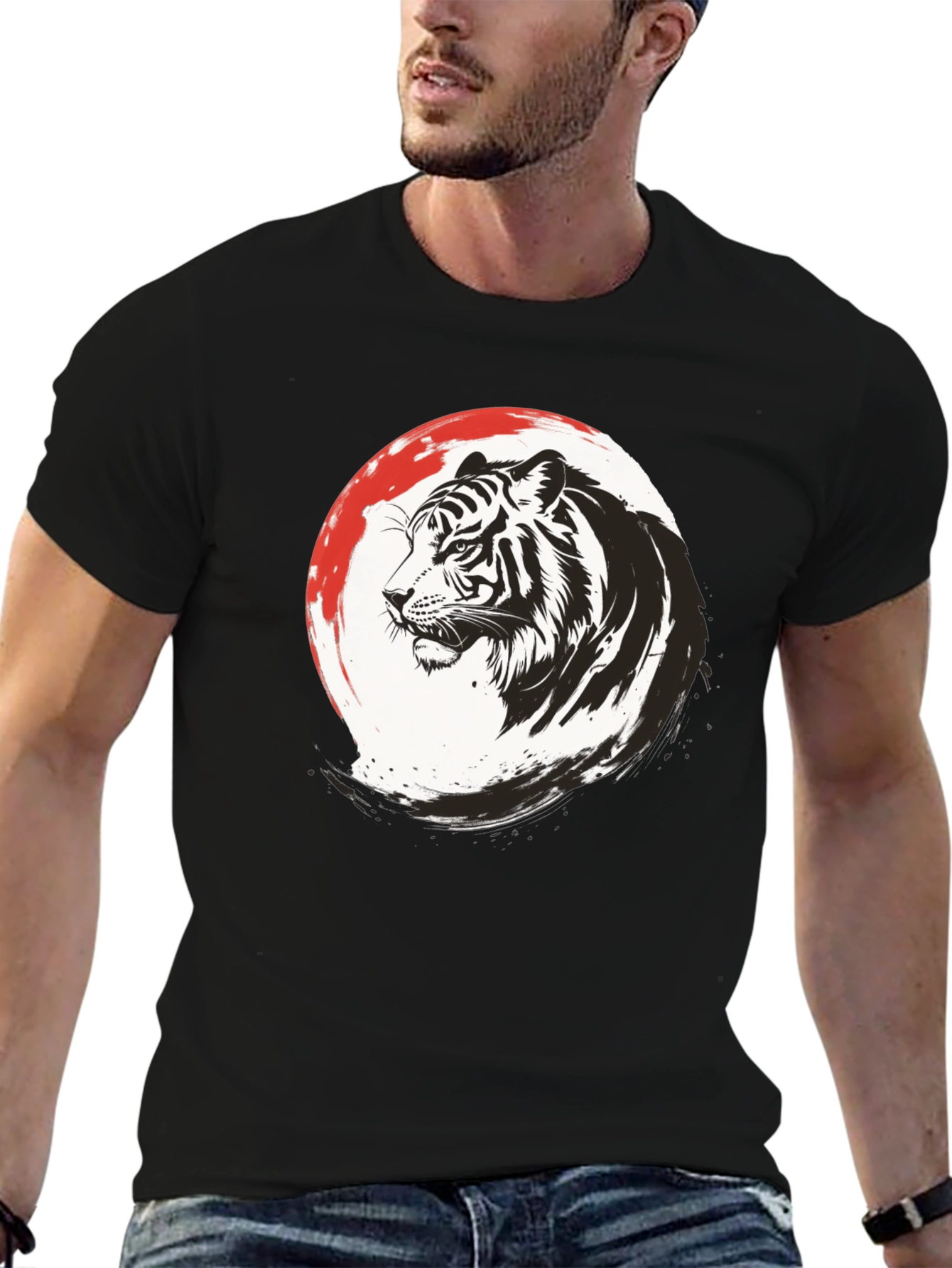Black Tiger Graphic Print Men's Black T-Shirt view 6