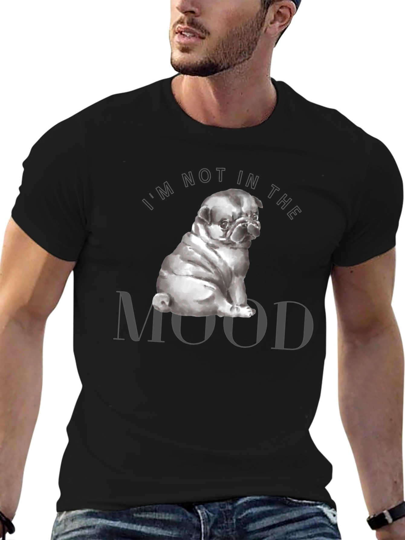 Black Pug Mood Graphic Tee - Men's Short Sleeve Black T-Shirt view 6
