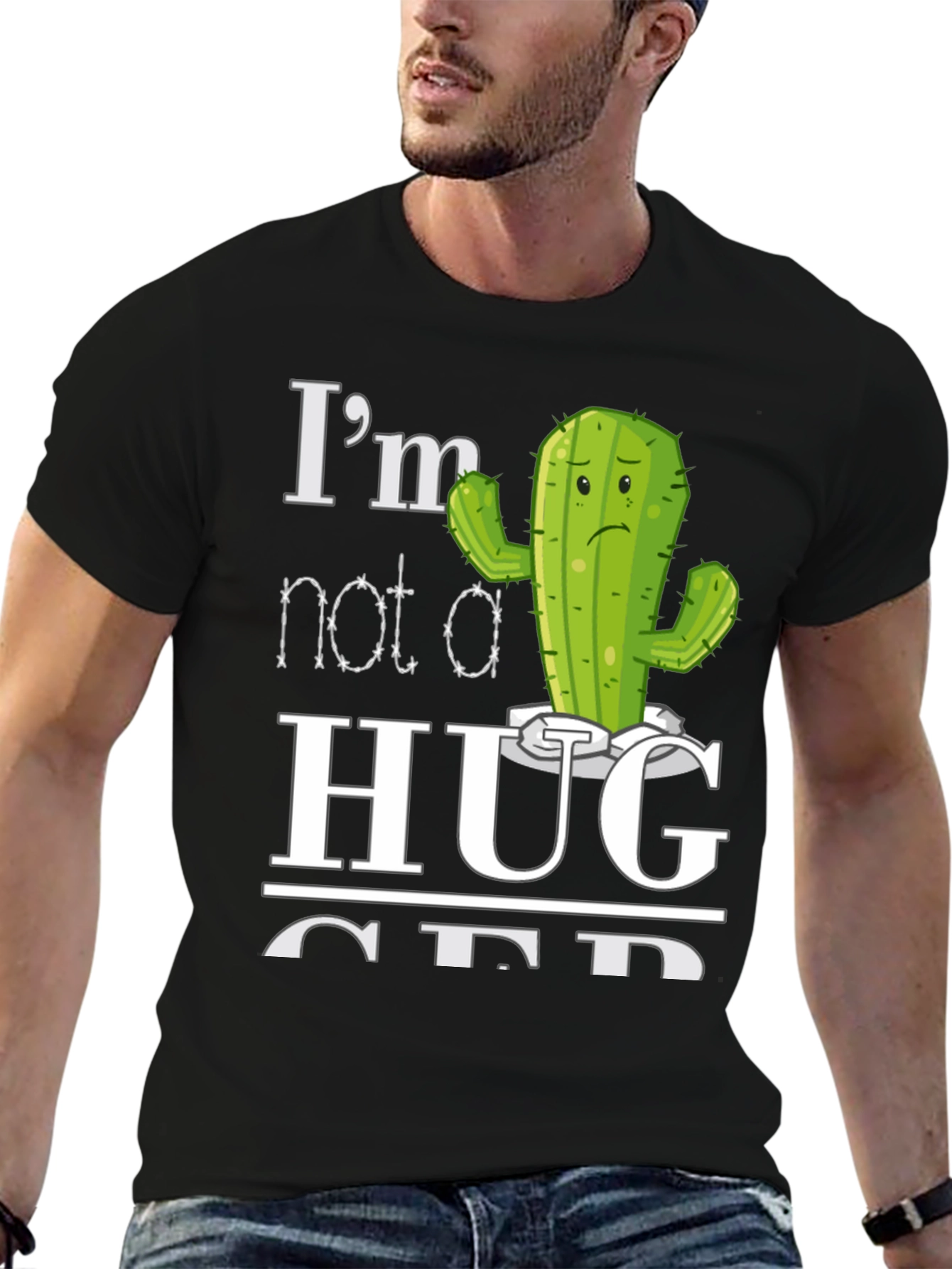 Black I'm Not a Hugger Cactus T-Shirt view 6