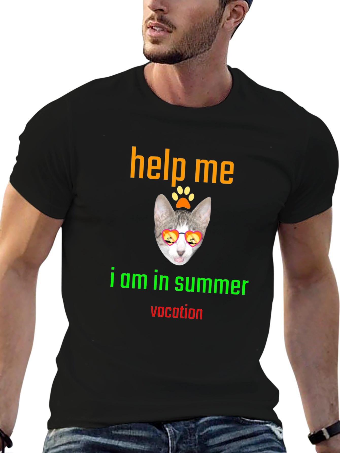Black Help Me Summer Vacation Tee - Cat Sunglasses T-Shirt view 6