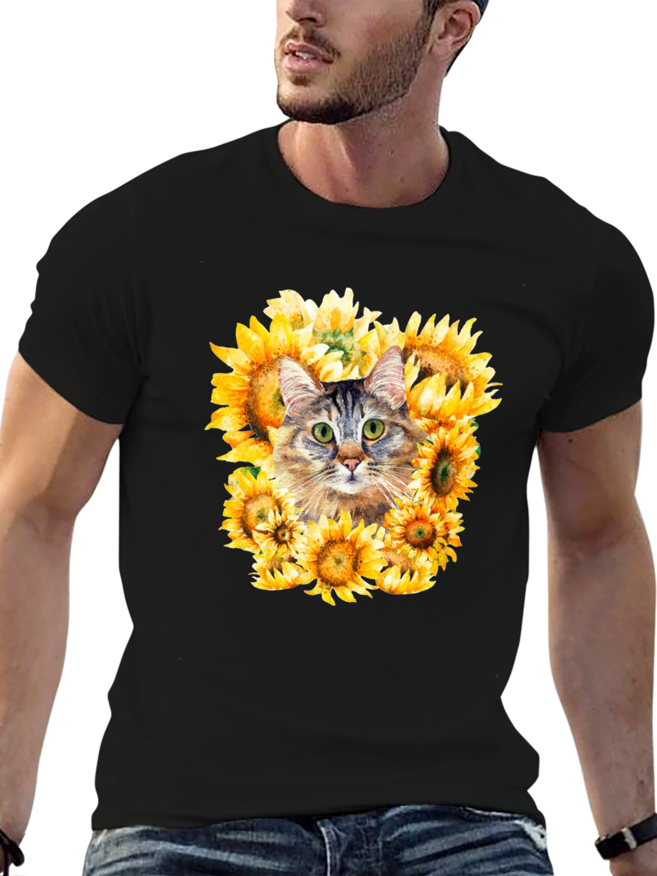 Black Cat Sunflower Graphic Tee - Men's Black T-Shirt view 6