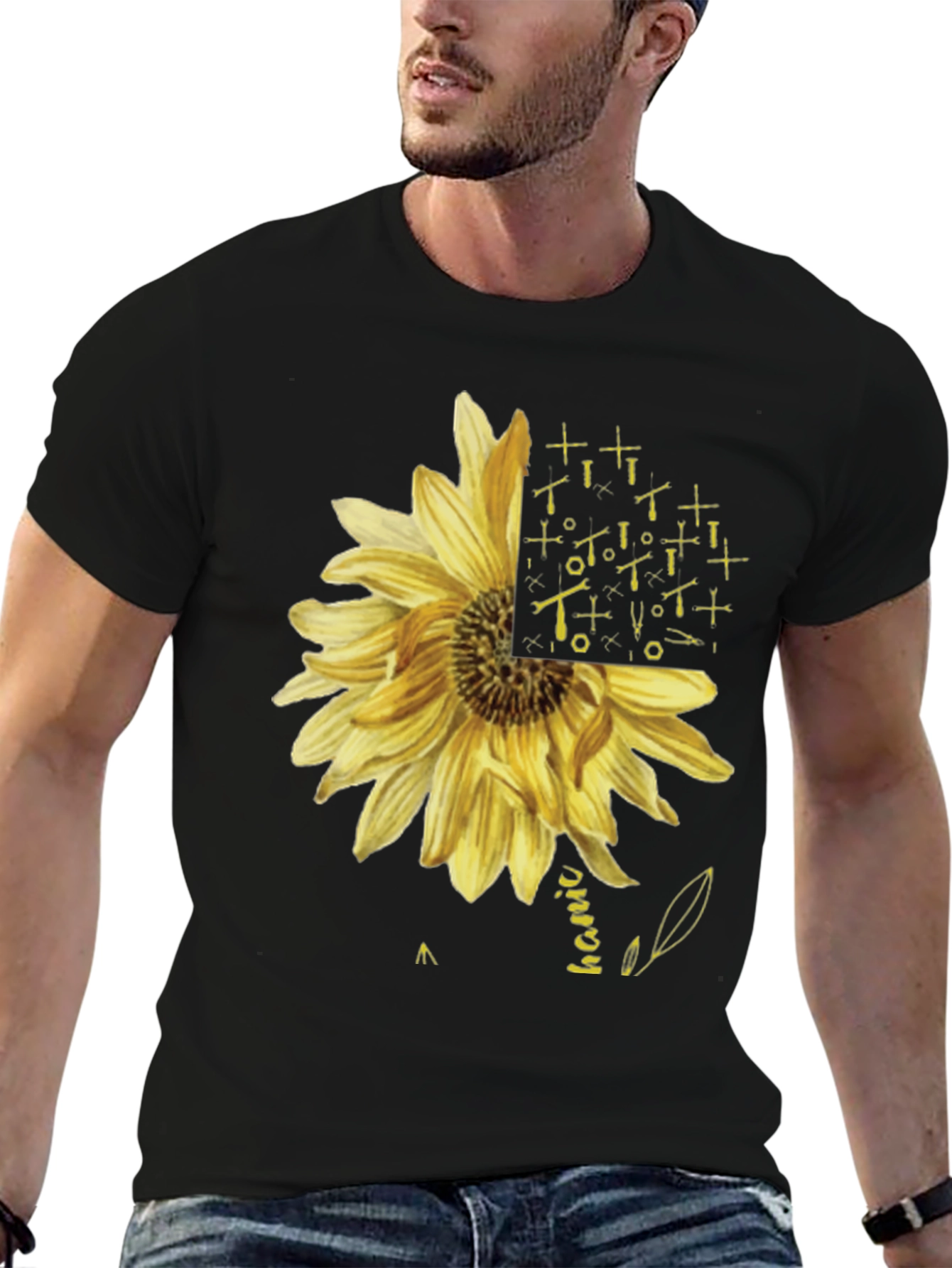Black Mechanic Sunflower Graphic T-Shirt - Black view 6