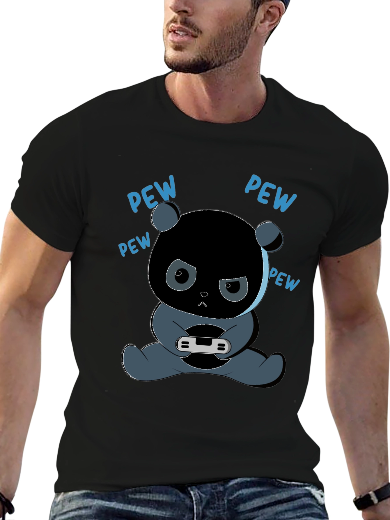 Black Gamer Panda T-Shirt - Pew Pew view 6