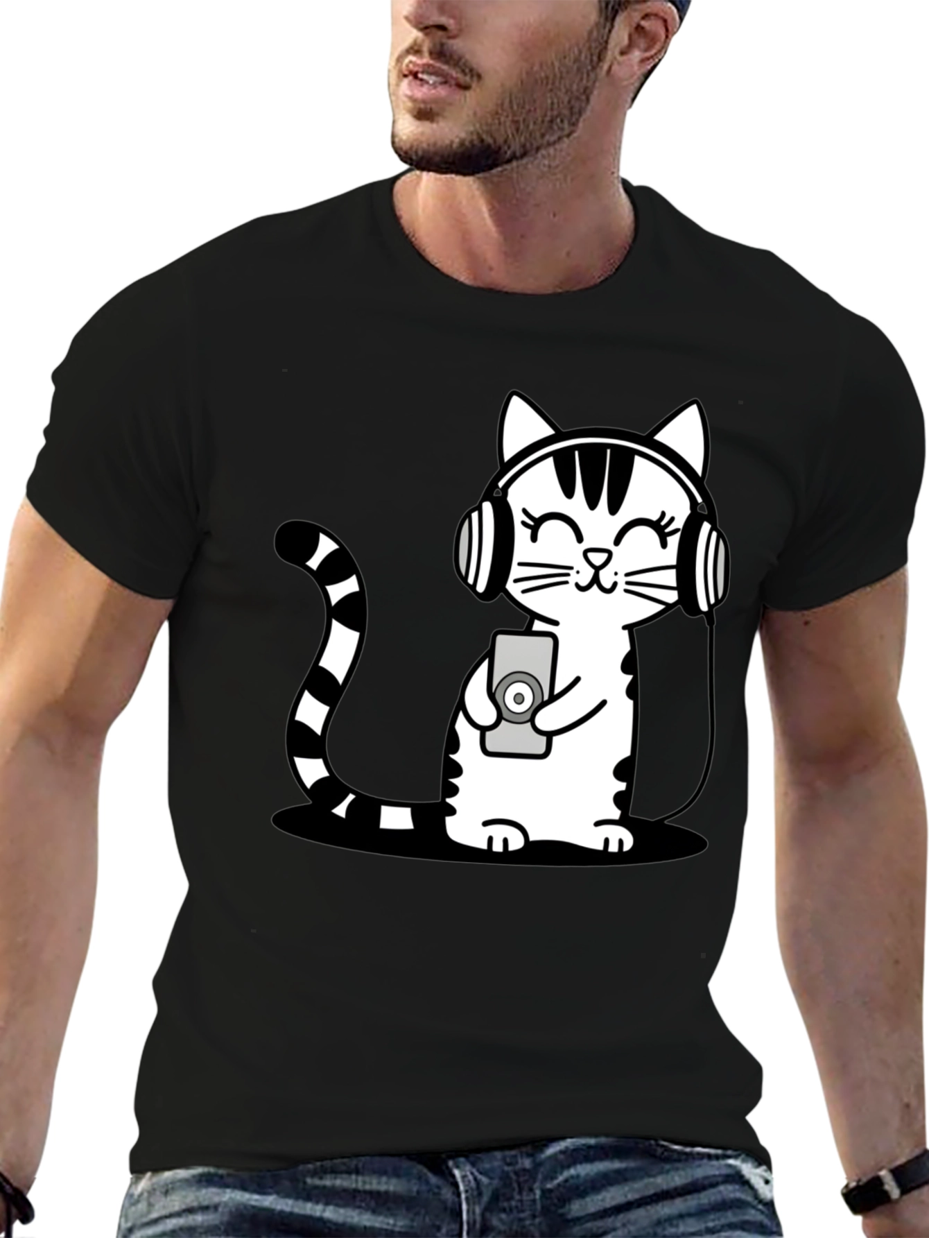 Black Cool Cat Headphones Graphic T-Shirt view 6