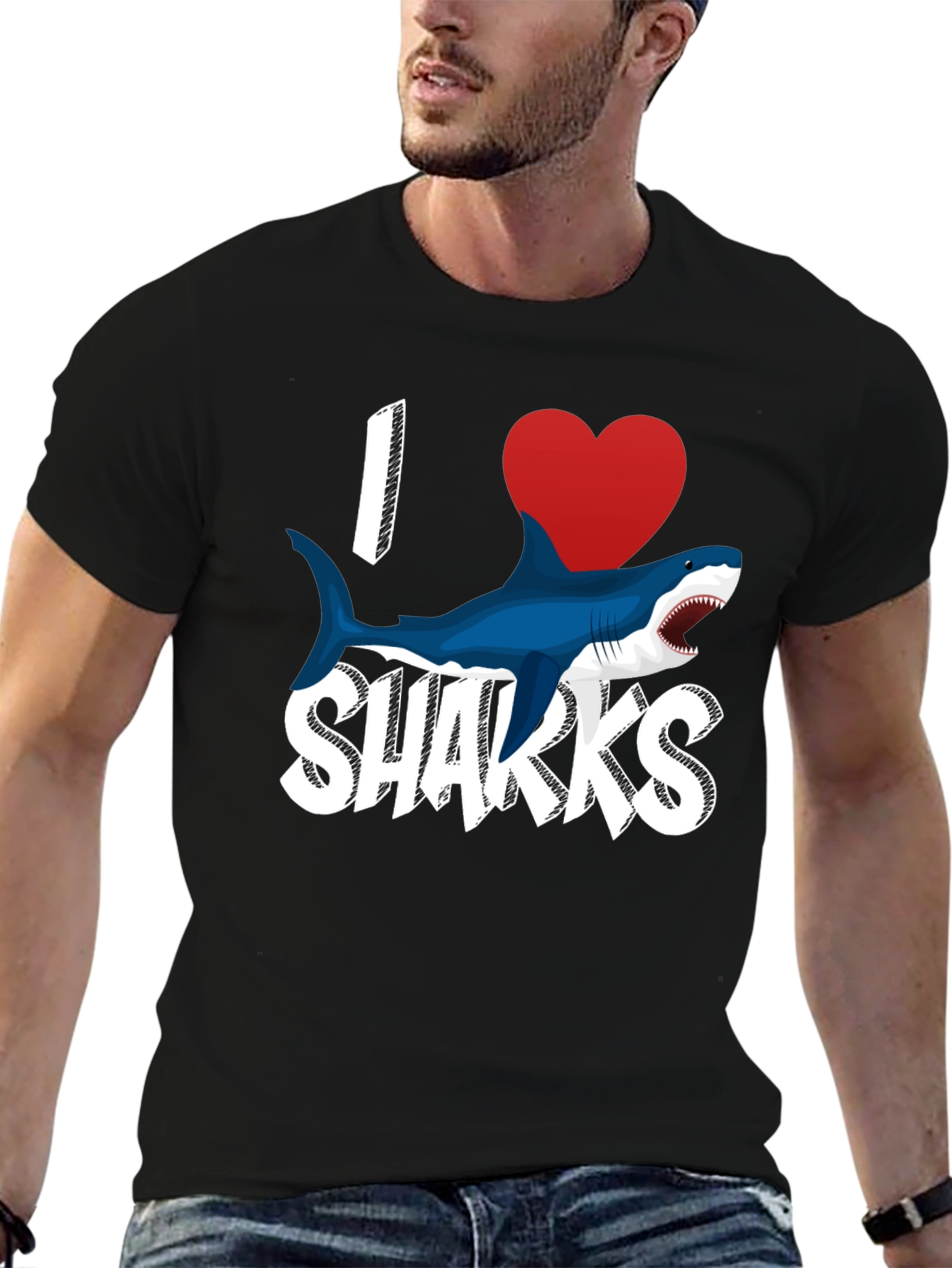 Black I Love Sharks T-Shirt - Black Cotton Blend view 6