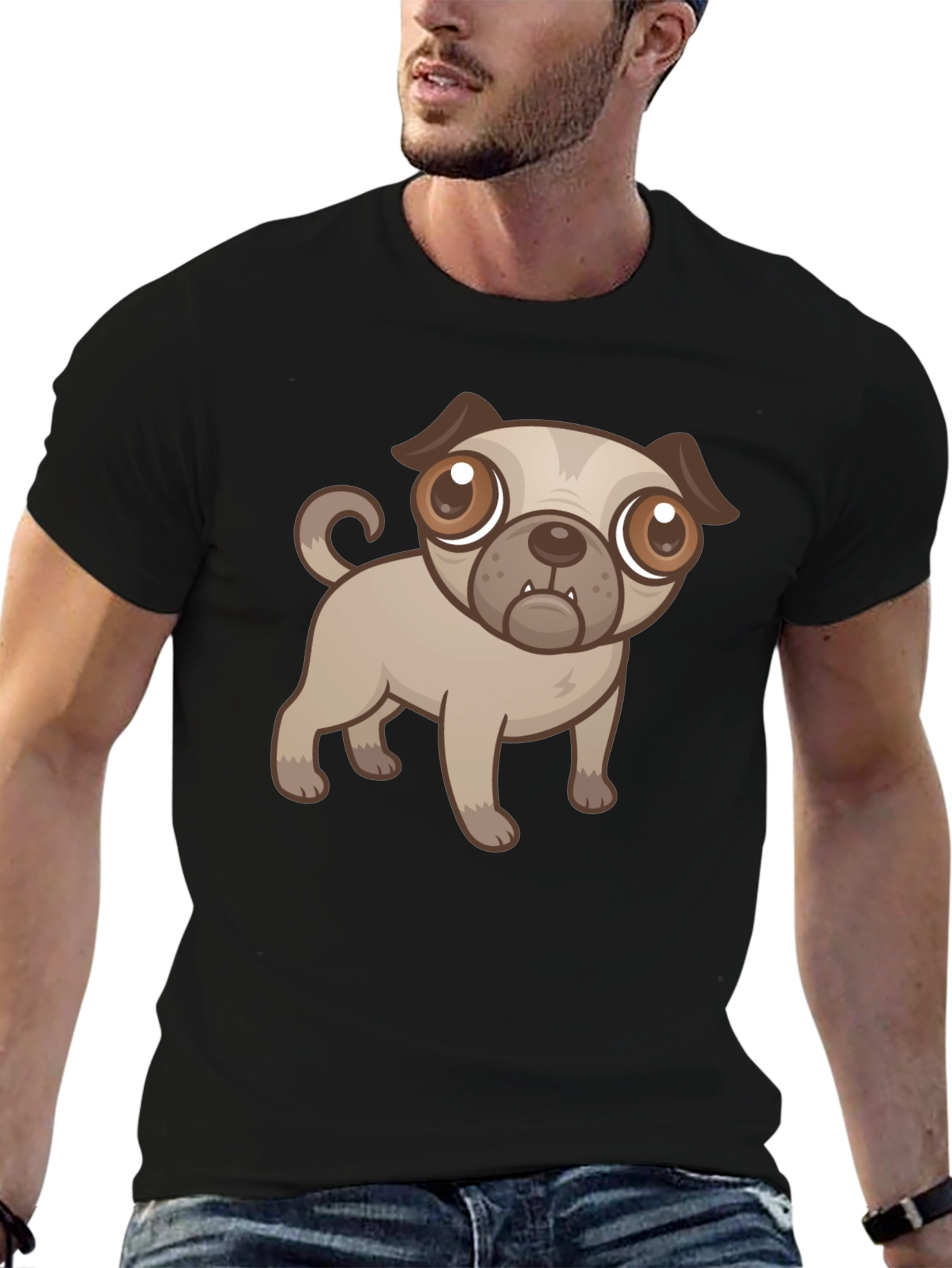 Black Cute Cartoon Pug Dog Black T-Shirt view 6