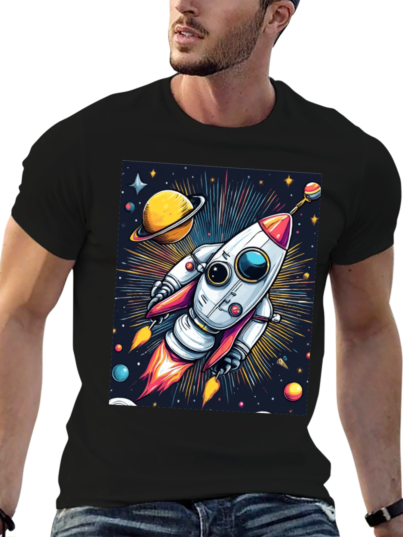 Black Space Rocket T-Shirt - Cosmic Graphic Tee view 6