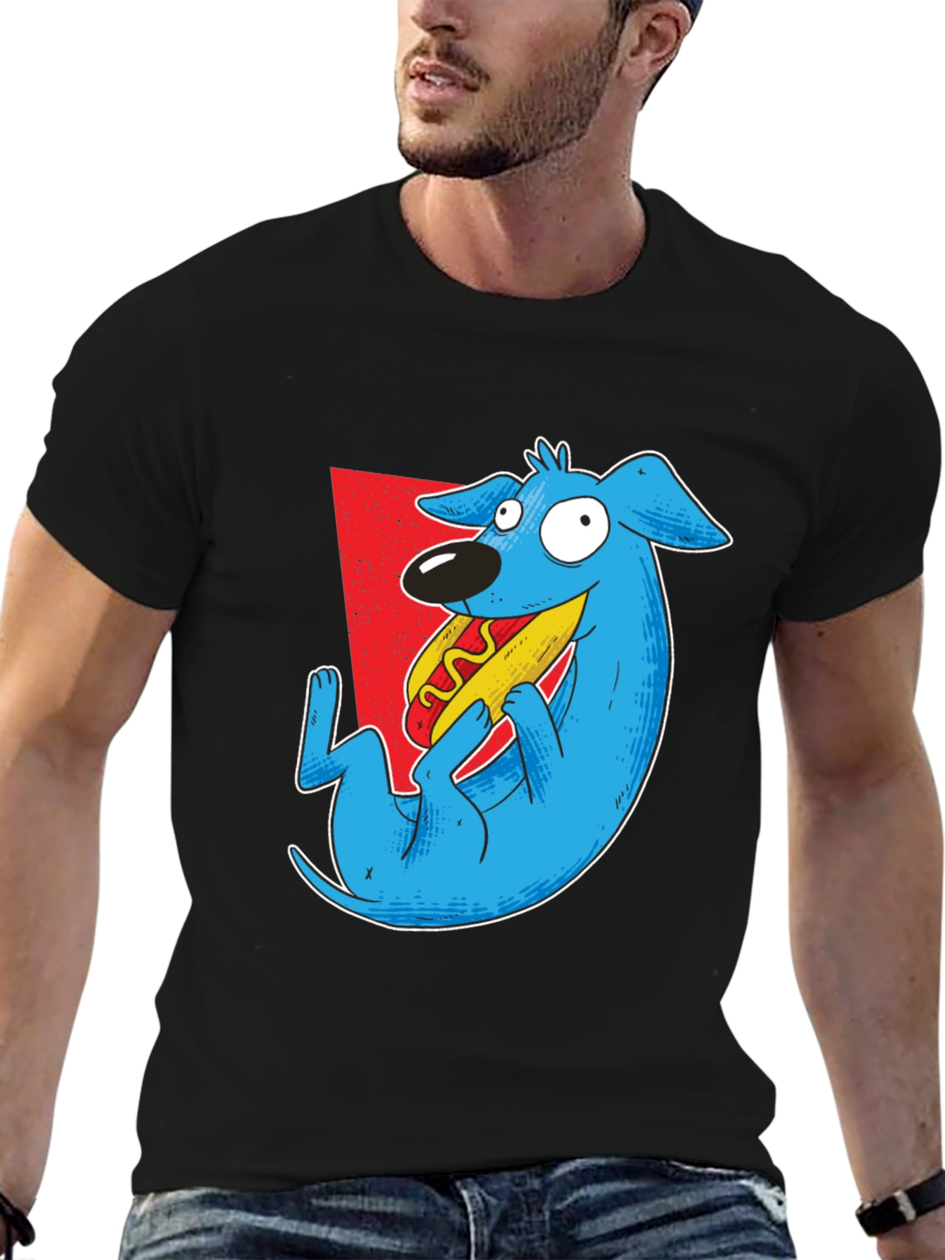 Black Cartoon Dog Eating Hotdog Graphic Tee - Black view 6