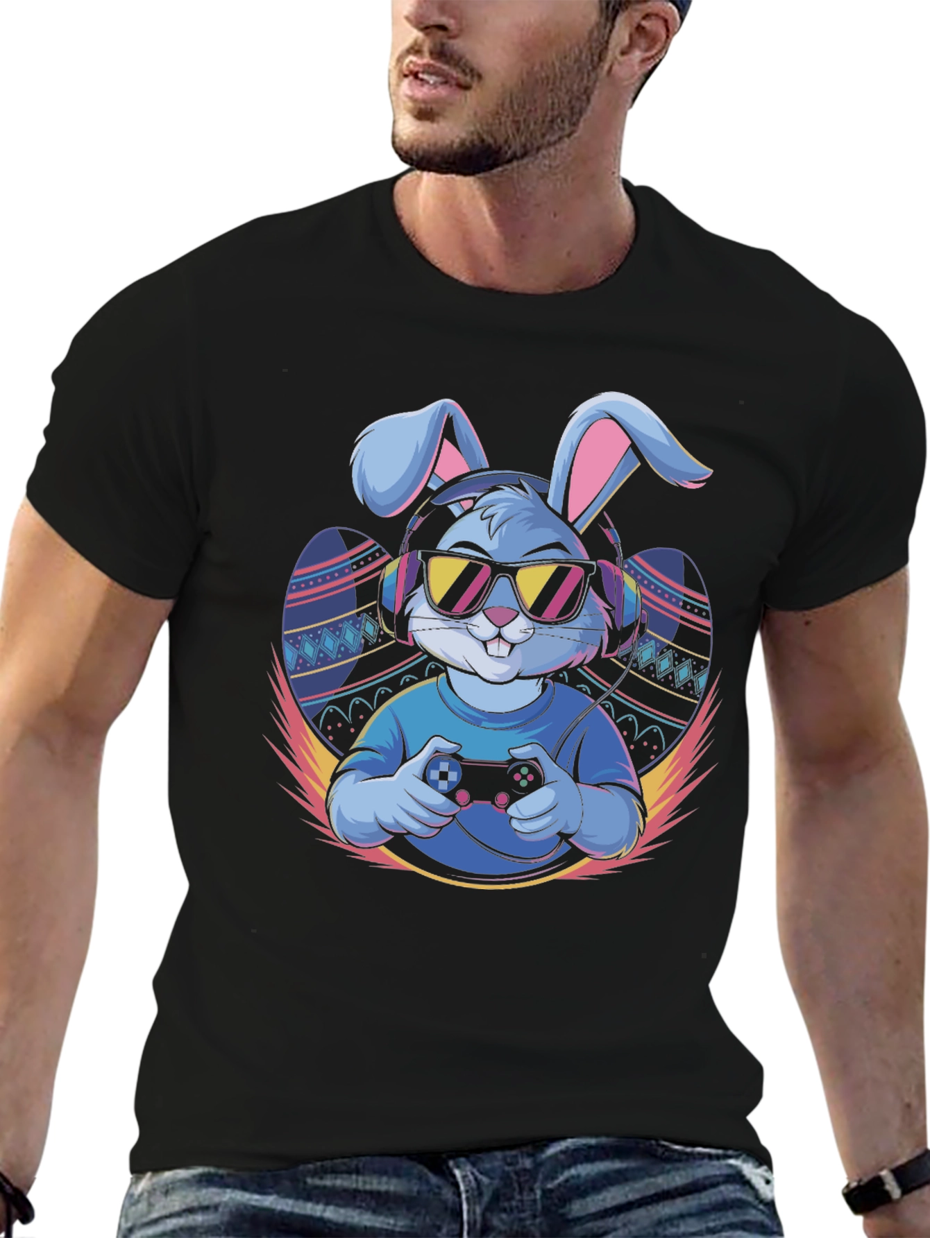 Black Cool Gamer Bunny T-Shirt view 6