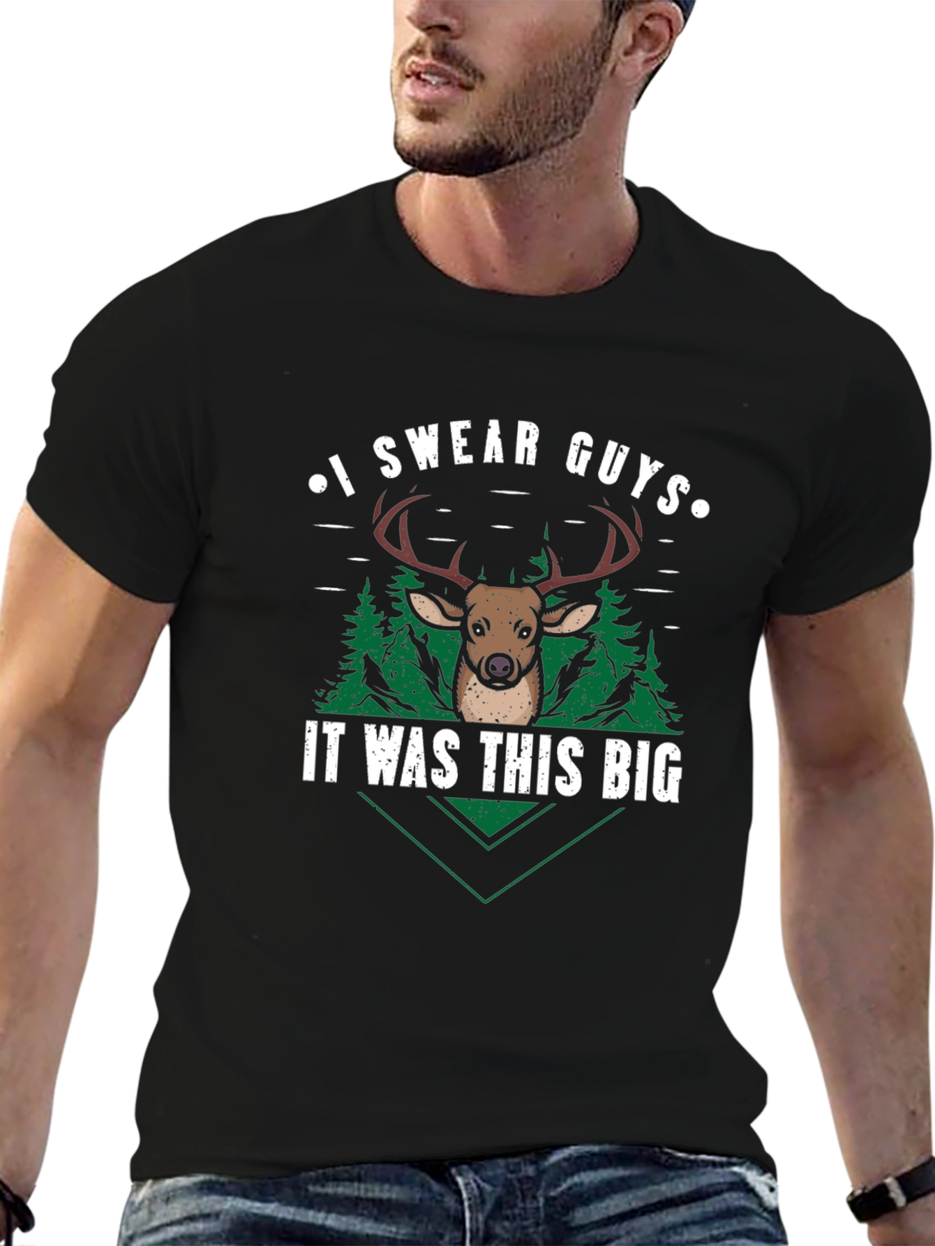 Black Funny Hunting T-Shirt - I Swear Guys It Was This Big Deer Tee view 6