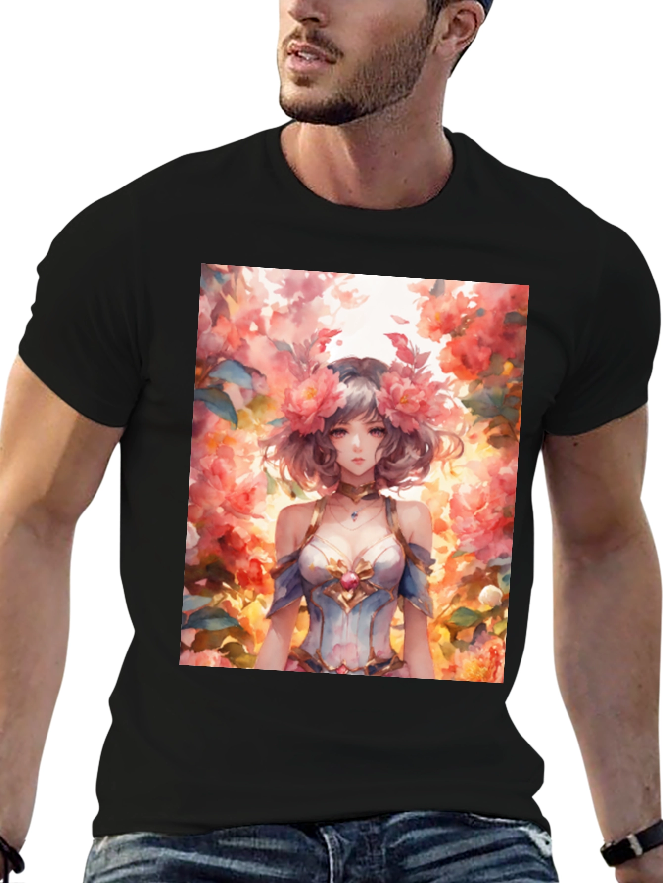 Black Floral Anime Girl Graphic Tee - Stylish & Unique view 6