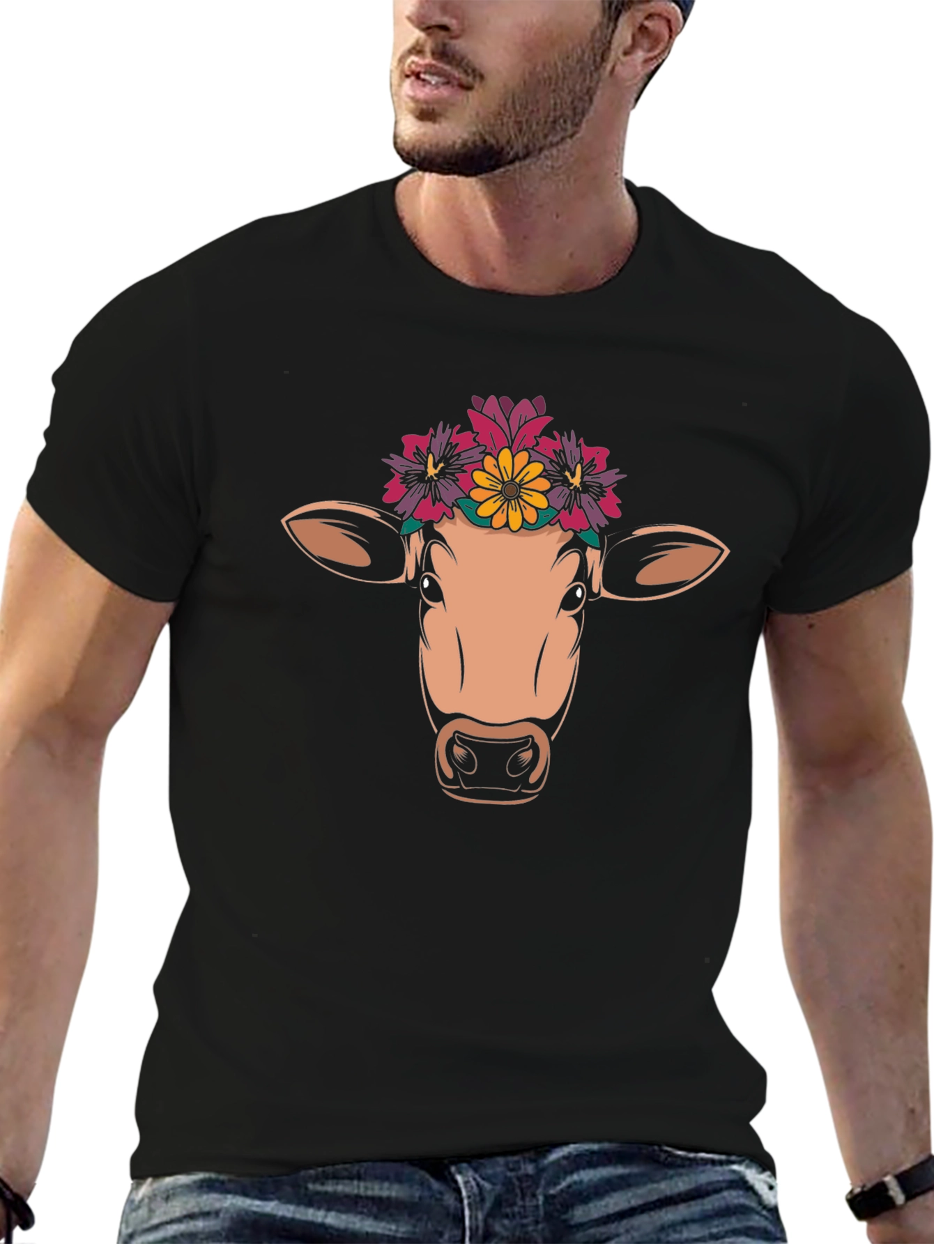 Black Floral Cow Graphic Tee - Unisex Black T-Shirt view 6
