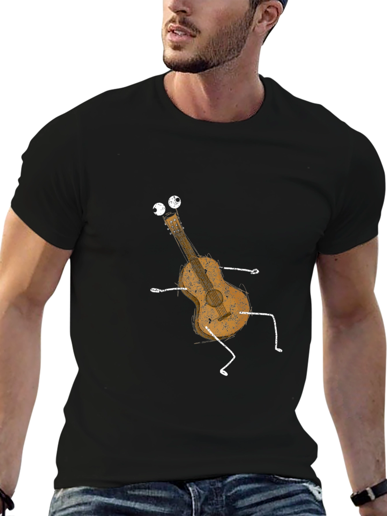Black Funny Guitar Graphic Tee - Black Cotton T-Shirt view 6