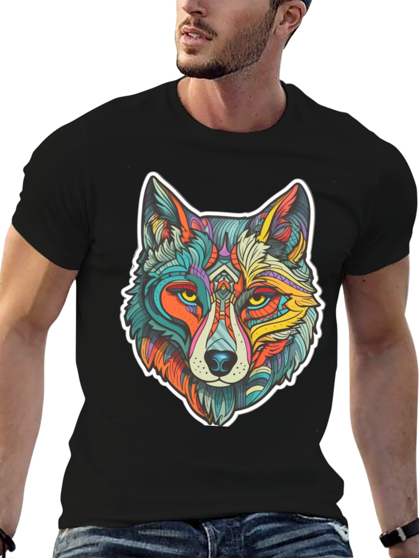 Black Wolf Art Graphic Print Black T-Shirt view 6