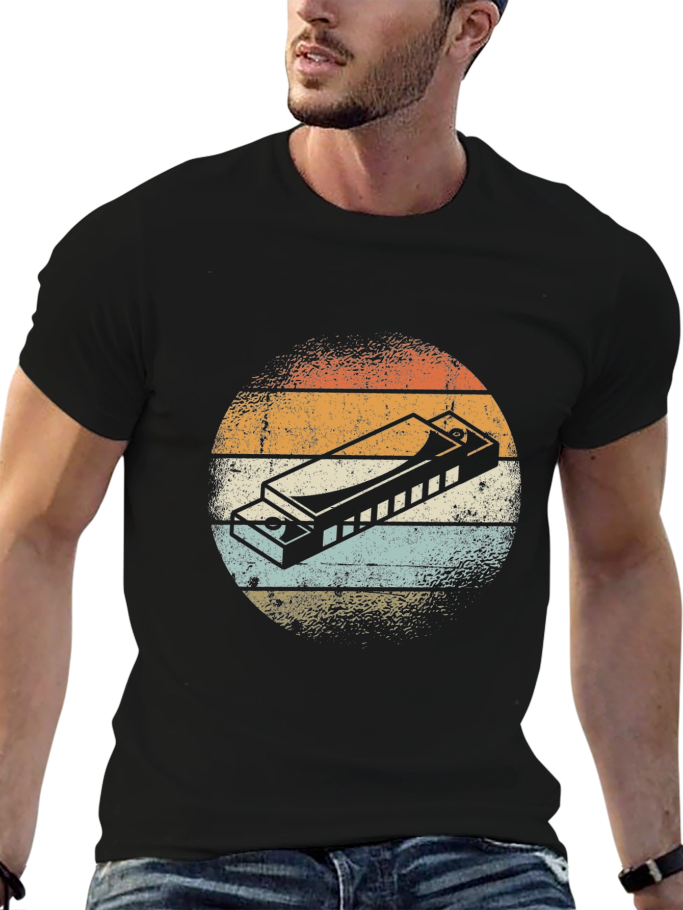 Black Vintage Harmonica Graphic Tee - Retro Music Lover Shirt view 6