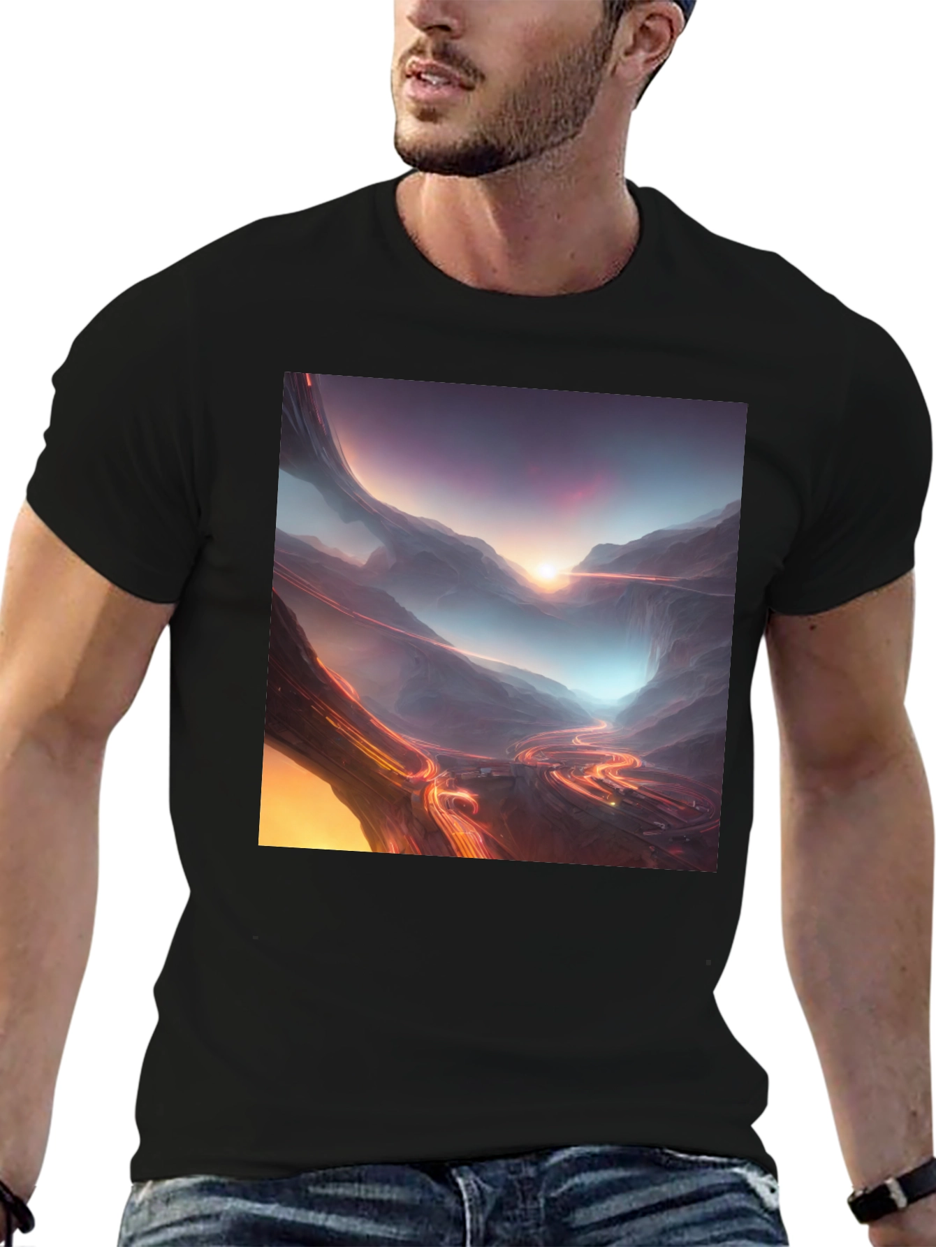 Black Sci-Fi Mountain Graphic Tee - Black Cotton view 6